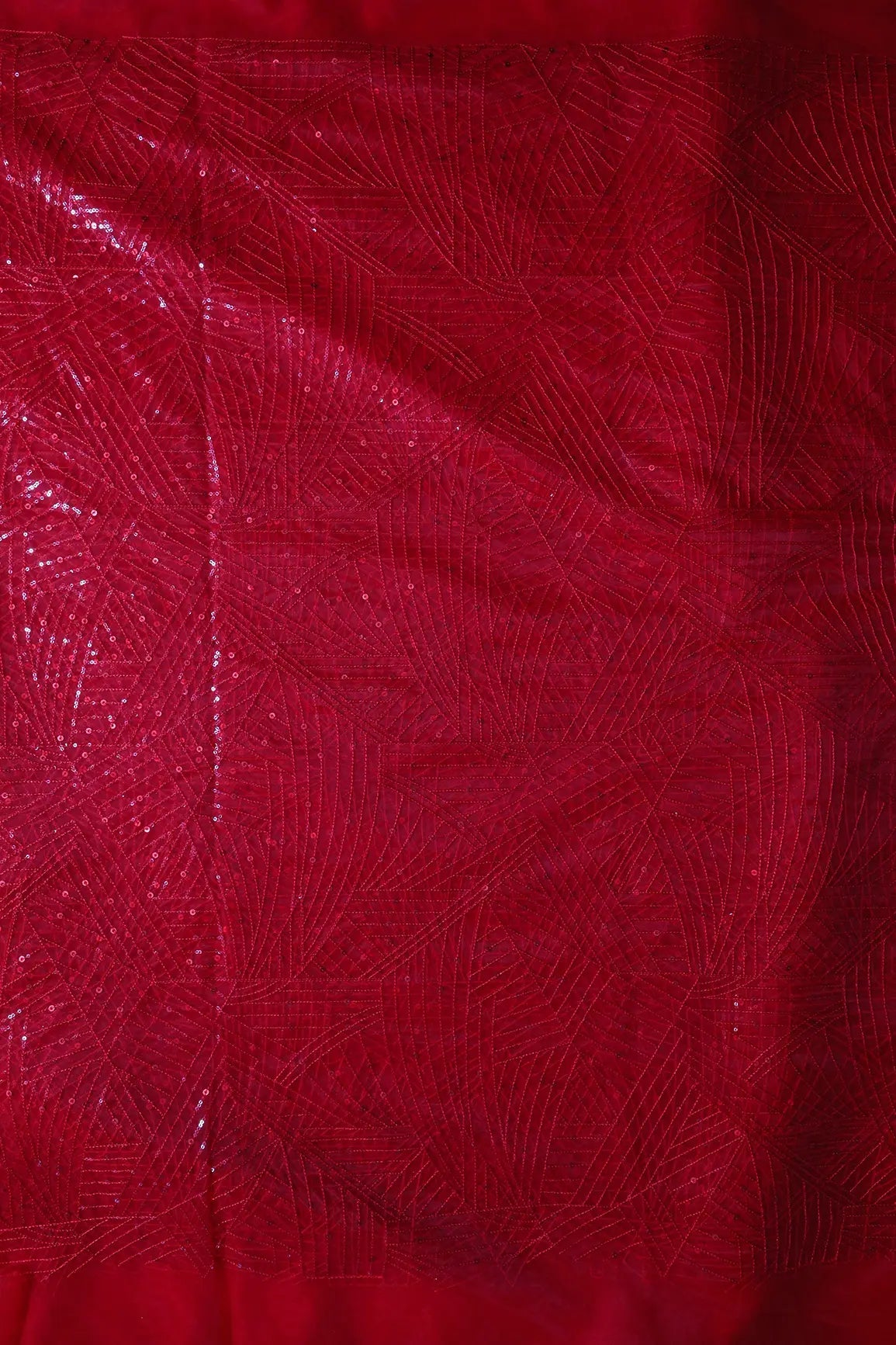 Red Small Sequins Geometric Embroidery On Red Soft Net Fabric - doeraa