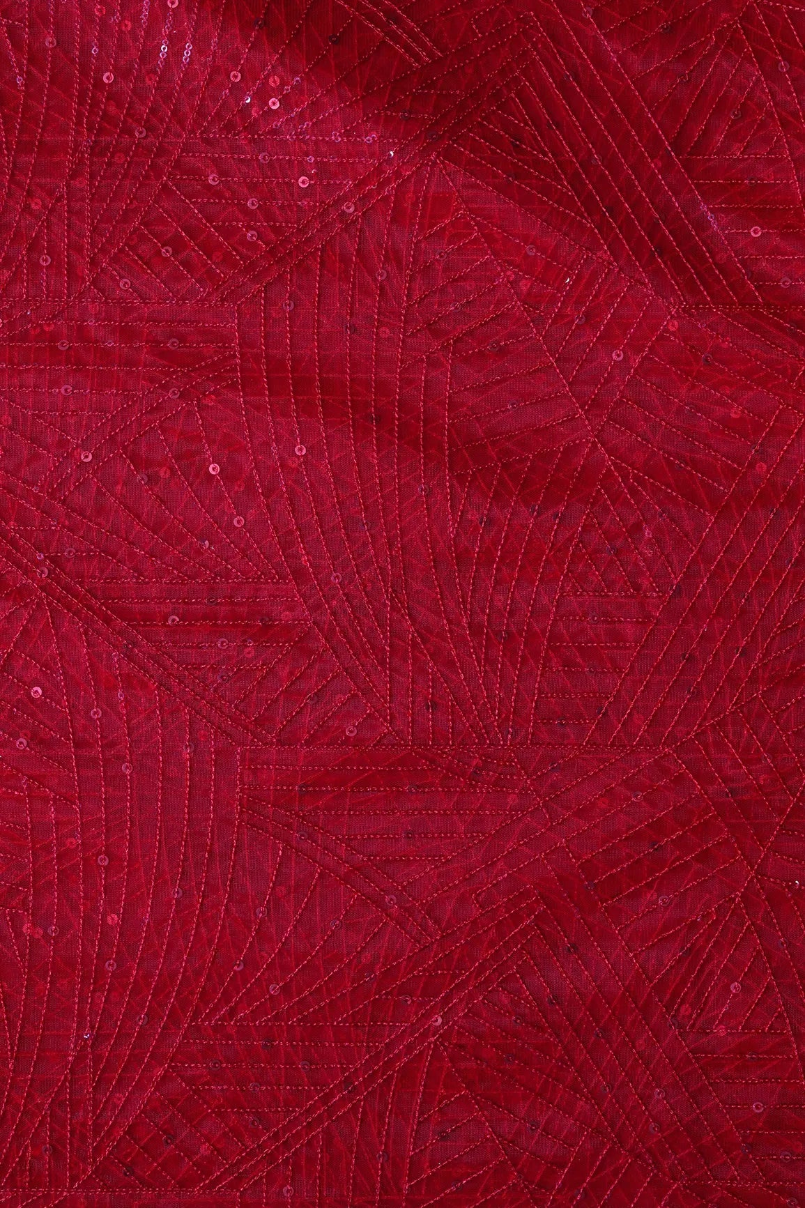 Red Small Sequins Geometric Embroidery On Red Soft Net Fabric - doeraa