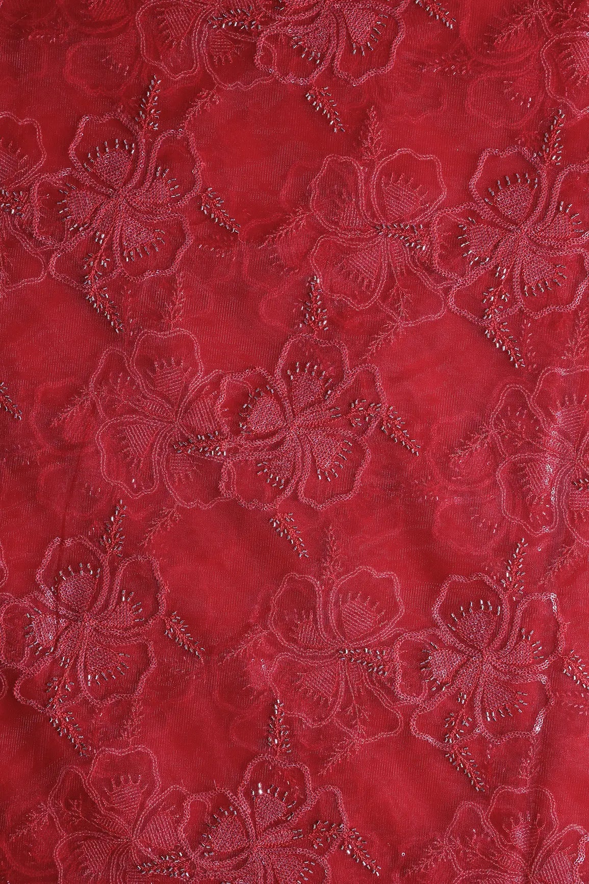 Red Thread & Gold Beads With Water Sequins Floral Embroidery On Cherry Red Soft Net Fabric - doeraa