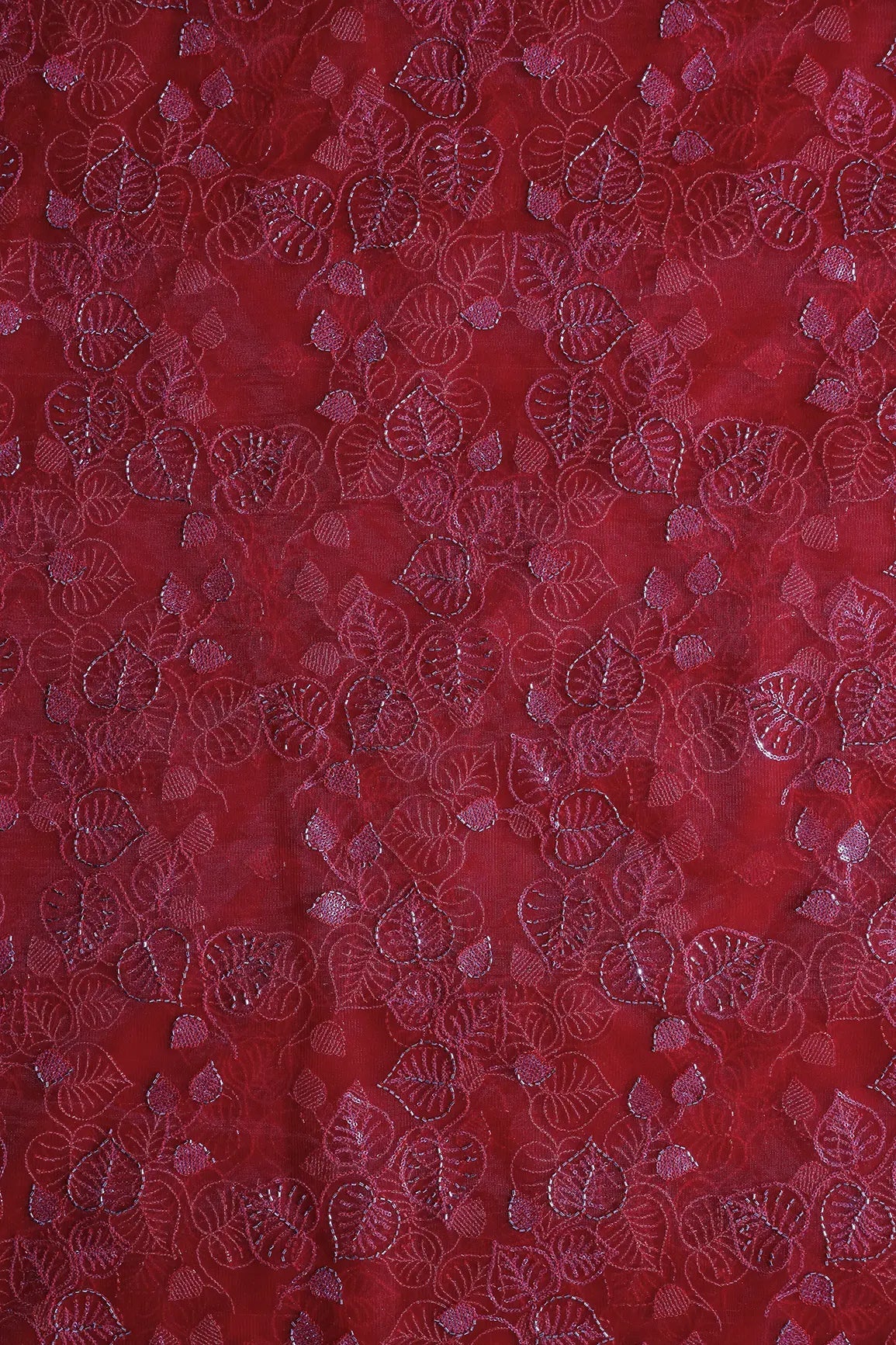Red Thread & Gold Beads With Water Sequins Floral Embroidery On Red Soft Net Fabric - doeraa