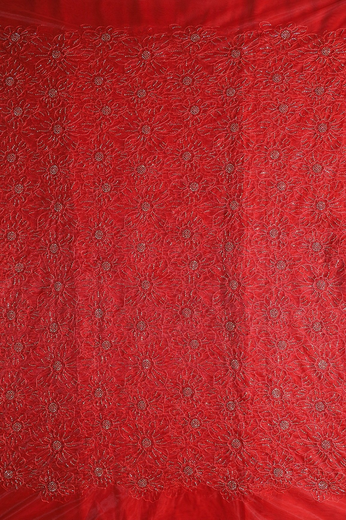 Red Thread With Beads Floral Embroidery Work On Red Soft Net Fabric - doeraa