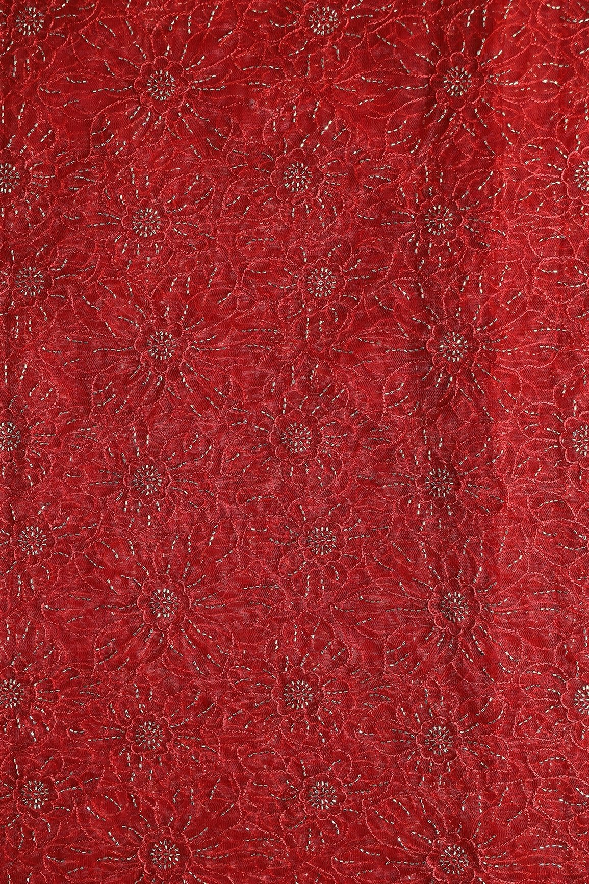 Red Thread With Beads Floral Embroidery Work On Red Soft Net Fabric - doeraa