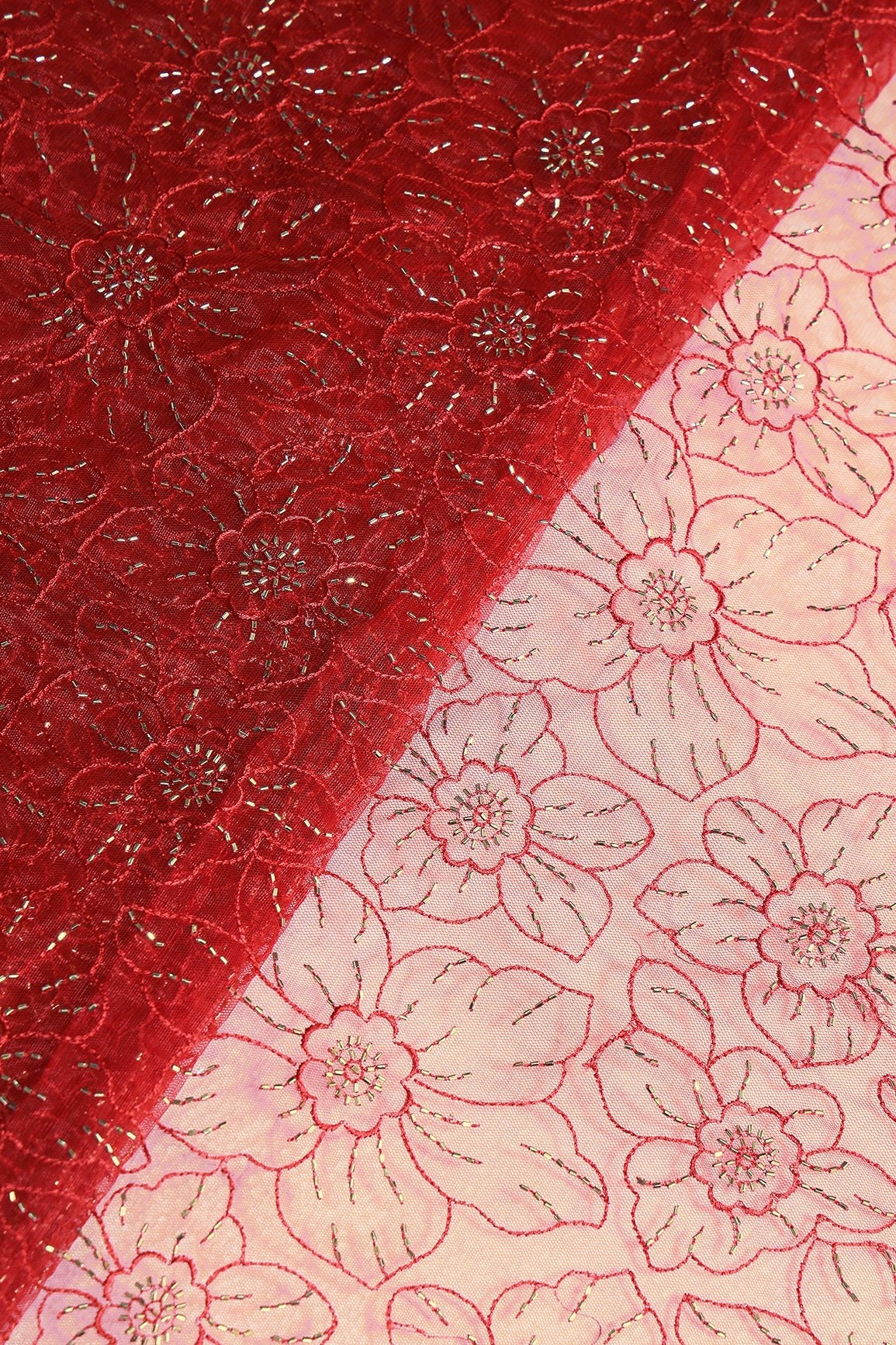 Red Thread With Beads Floral Embroidery Work On Red Soft Net Fabric - doeraa
