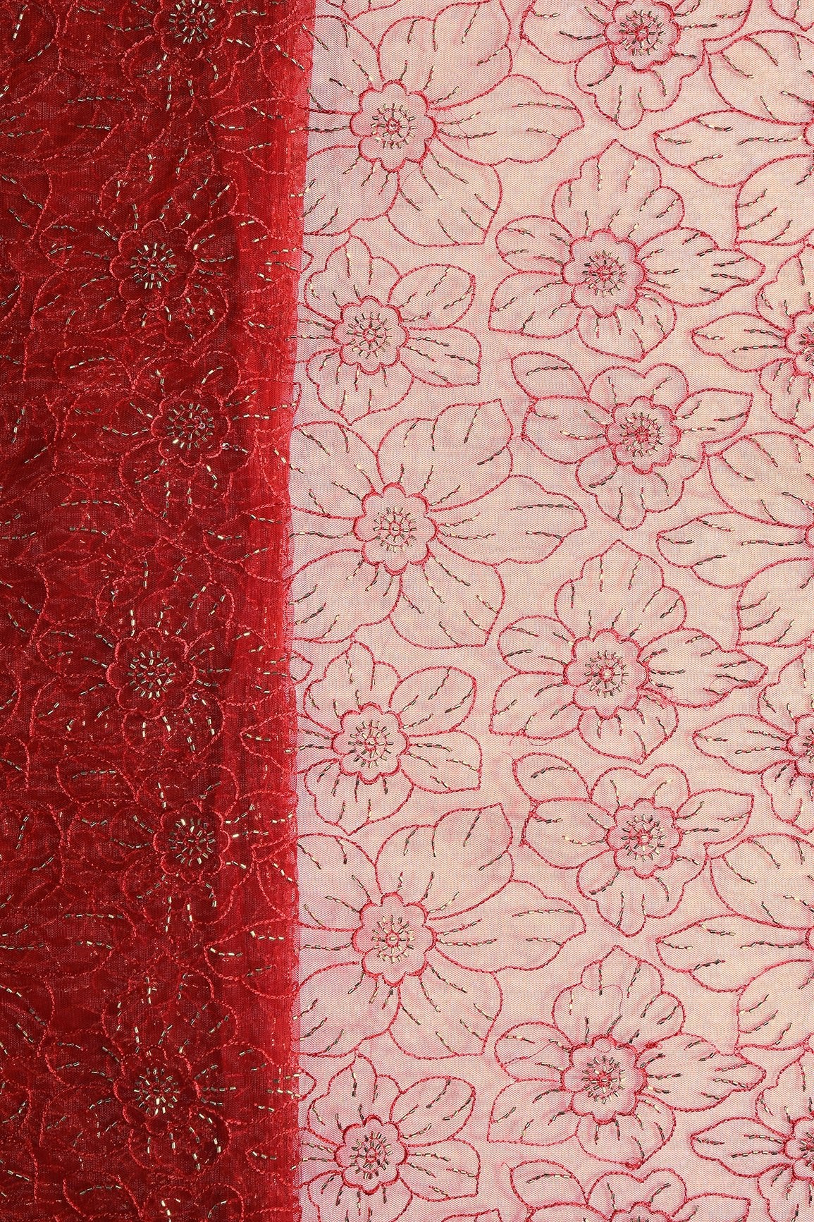 Red Thread With Beads Floral Embroidery Work On Red Soft Net Fabric - doeraa