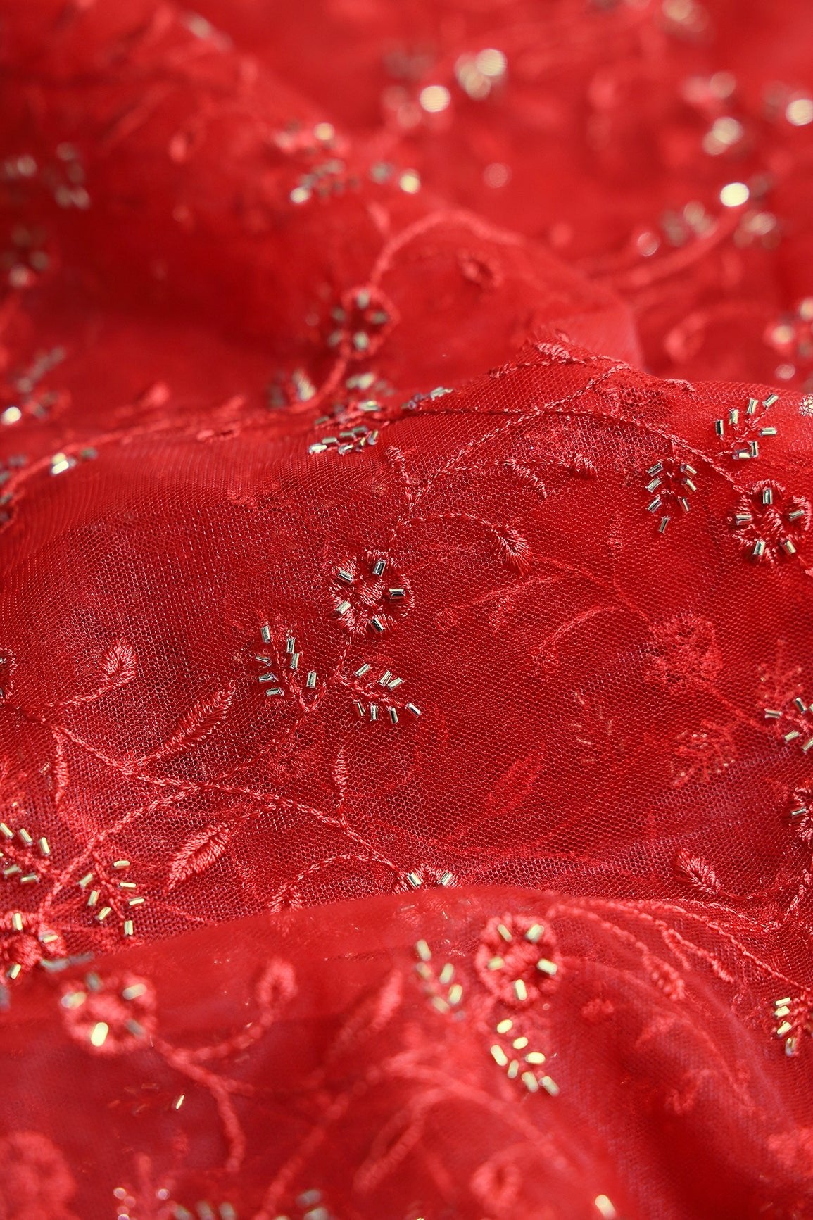 Red Thread With Beads Floral Leafy Embroidery Work On Red Soft Net Fabric - doeraa