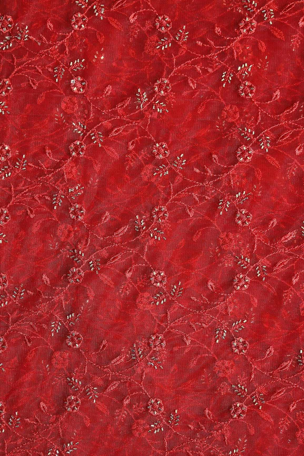 Red Thread With Beads Floral Leafy Embroidery Work On Red Soft Net Fabric - doeraa