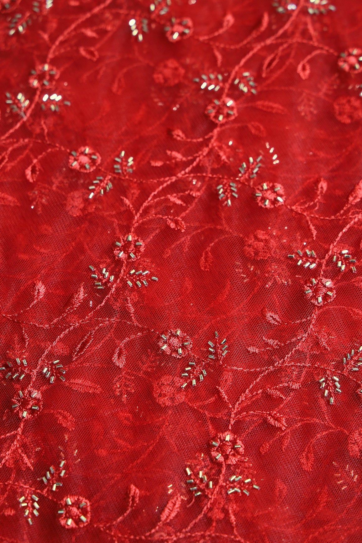Red Thread With Beads Floral Leafy Embroidery Work On Red Soft Net Fabric - doeraa