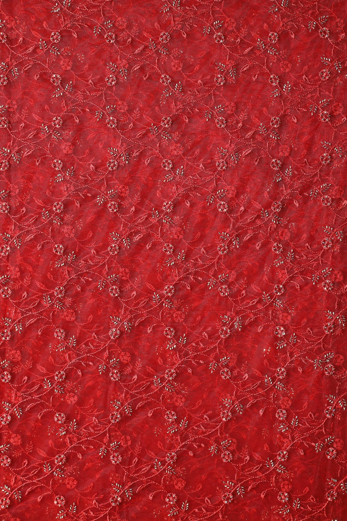 Red Thread With Beads Floral Leafy Embroidery Work On Red Soft Net Fabric - doeraa