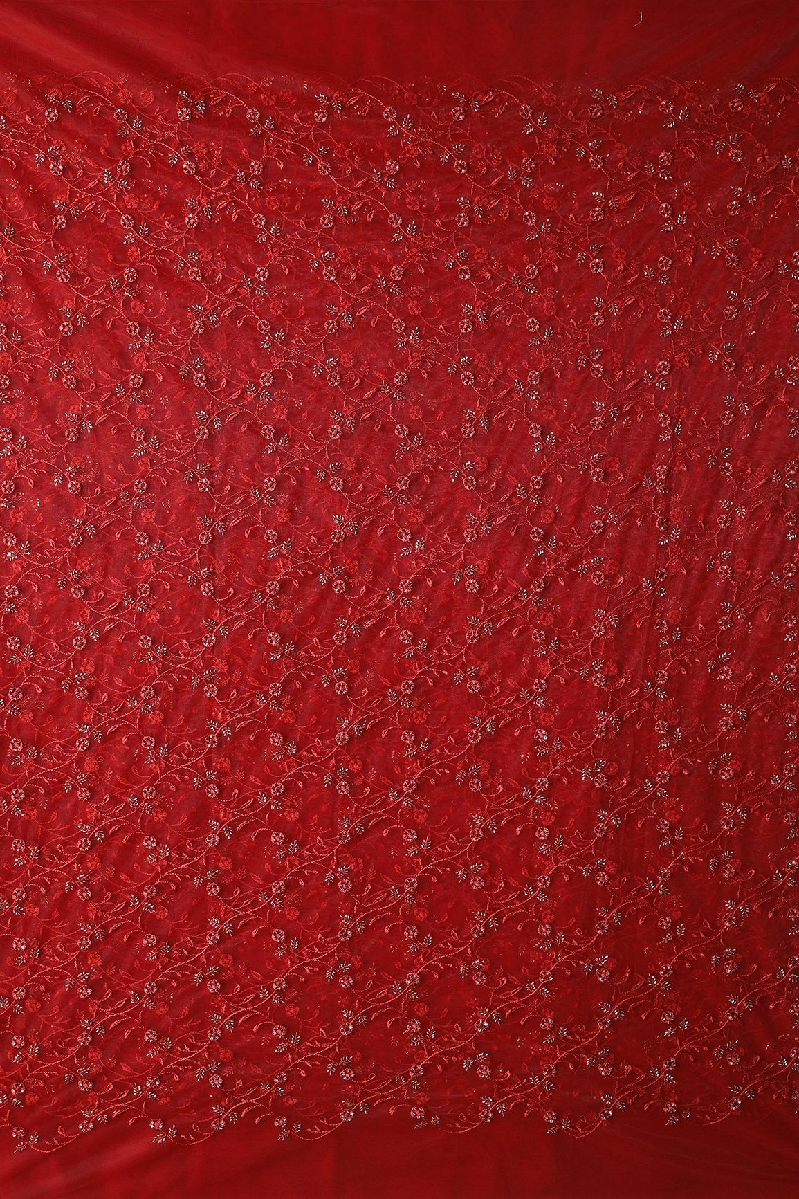 Red Thread With Beads Floral Leafy Embroidery Work On Red Soft Net Fabric - doeraa
