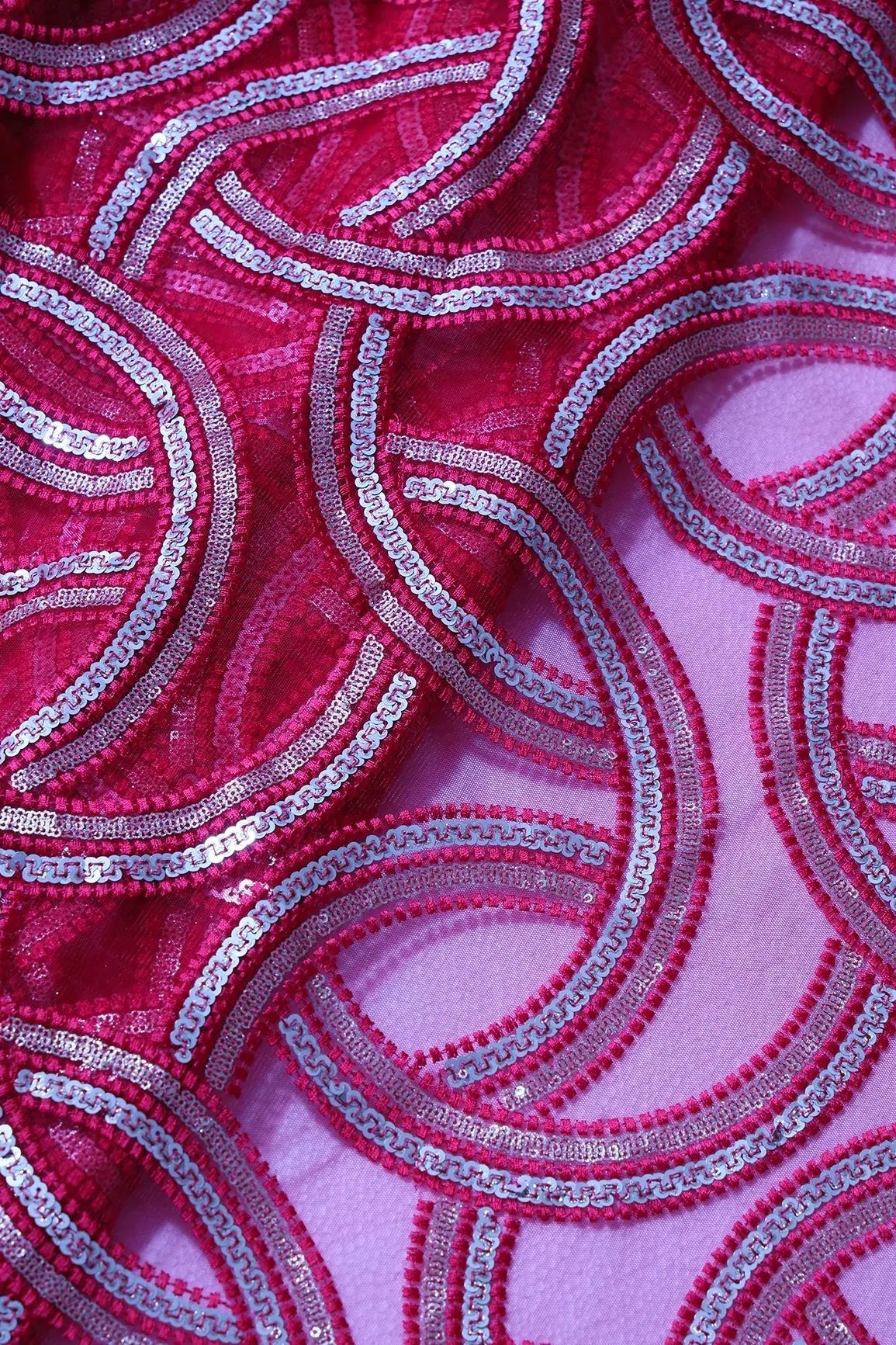 Red Thread With Gold And Silver Sequins Geometric Embroidery On Cherry Red Soft Net Fabric - doeraa