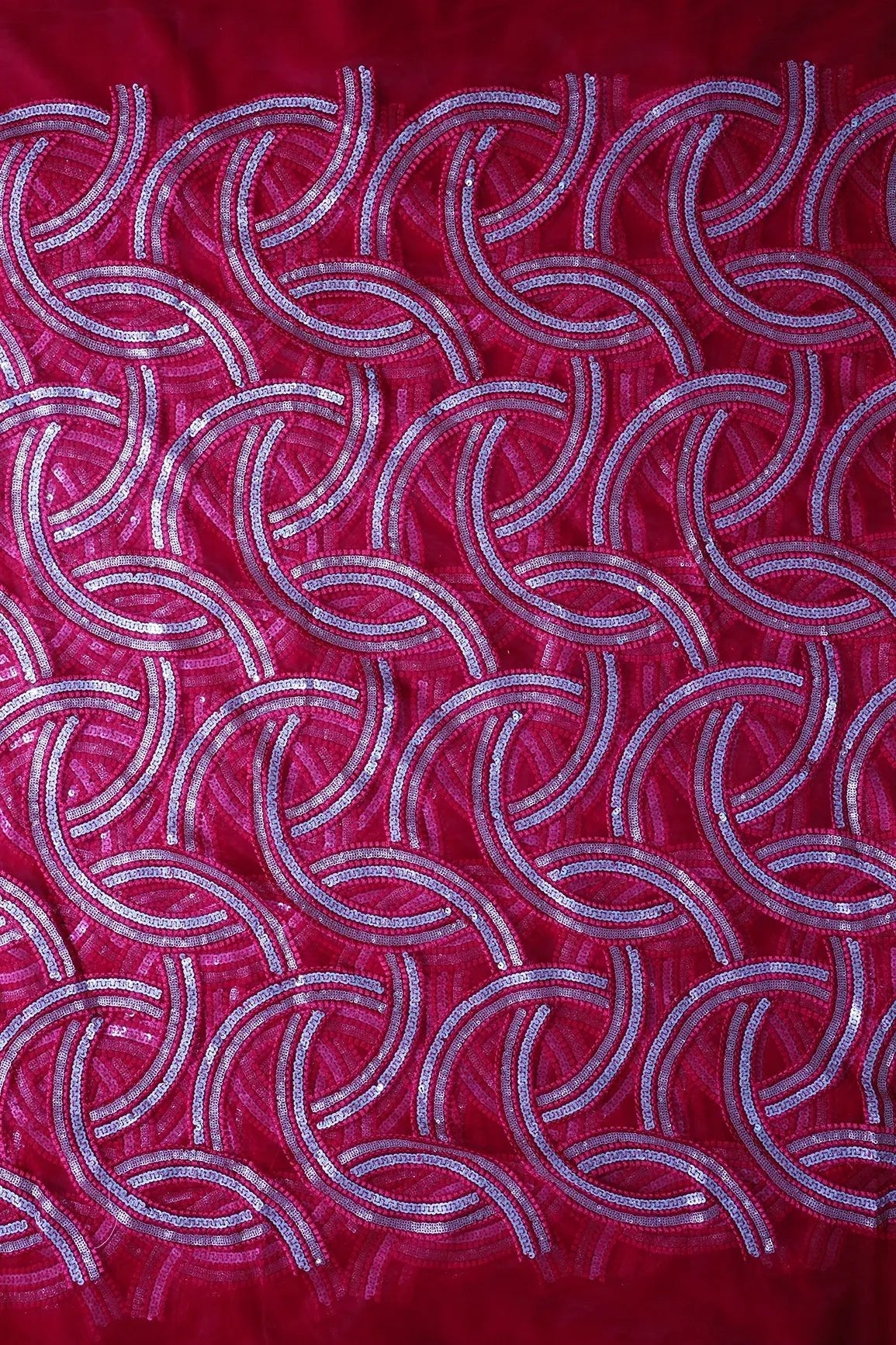 Red Thread With Gold And Silver Sequins Geometric Embroidery On Cherry Red Soft Net Fabric - doeraa