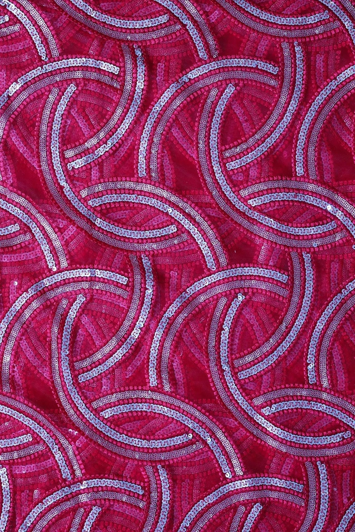 Red Thread With Gold And Silver Sequins Geometric Embroidery On Cherry Red Soft Net Fabric - doeraa