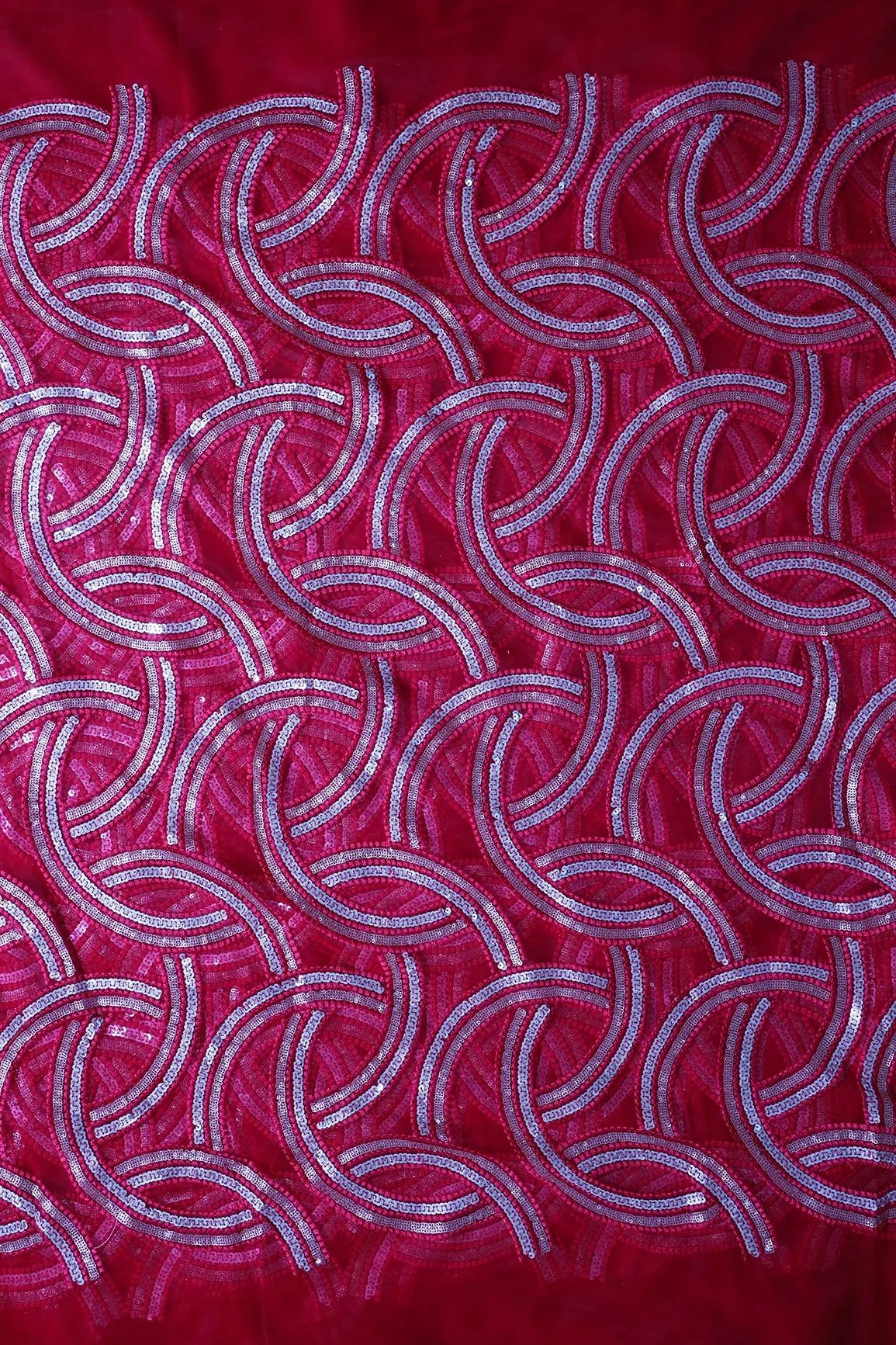 Red Thread With Gold And Silver Sequins Geometric Embroidery On Red Soft Net Fabric - doeraa