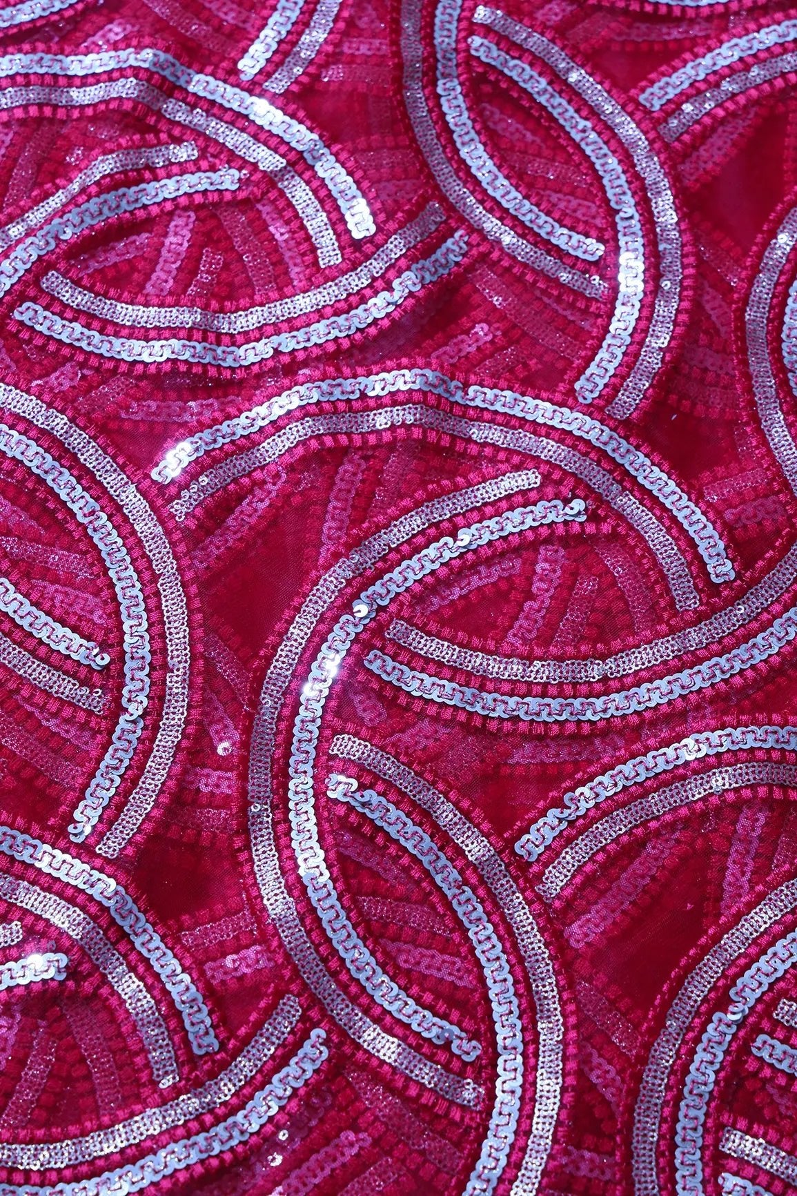 Red Thread With Gold And Silver Sequins Geometric Embroidery On Red Soft Net Fabric - doeraa