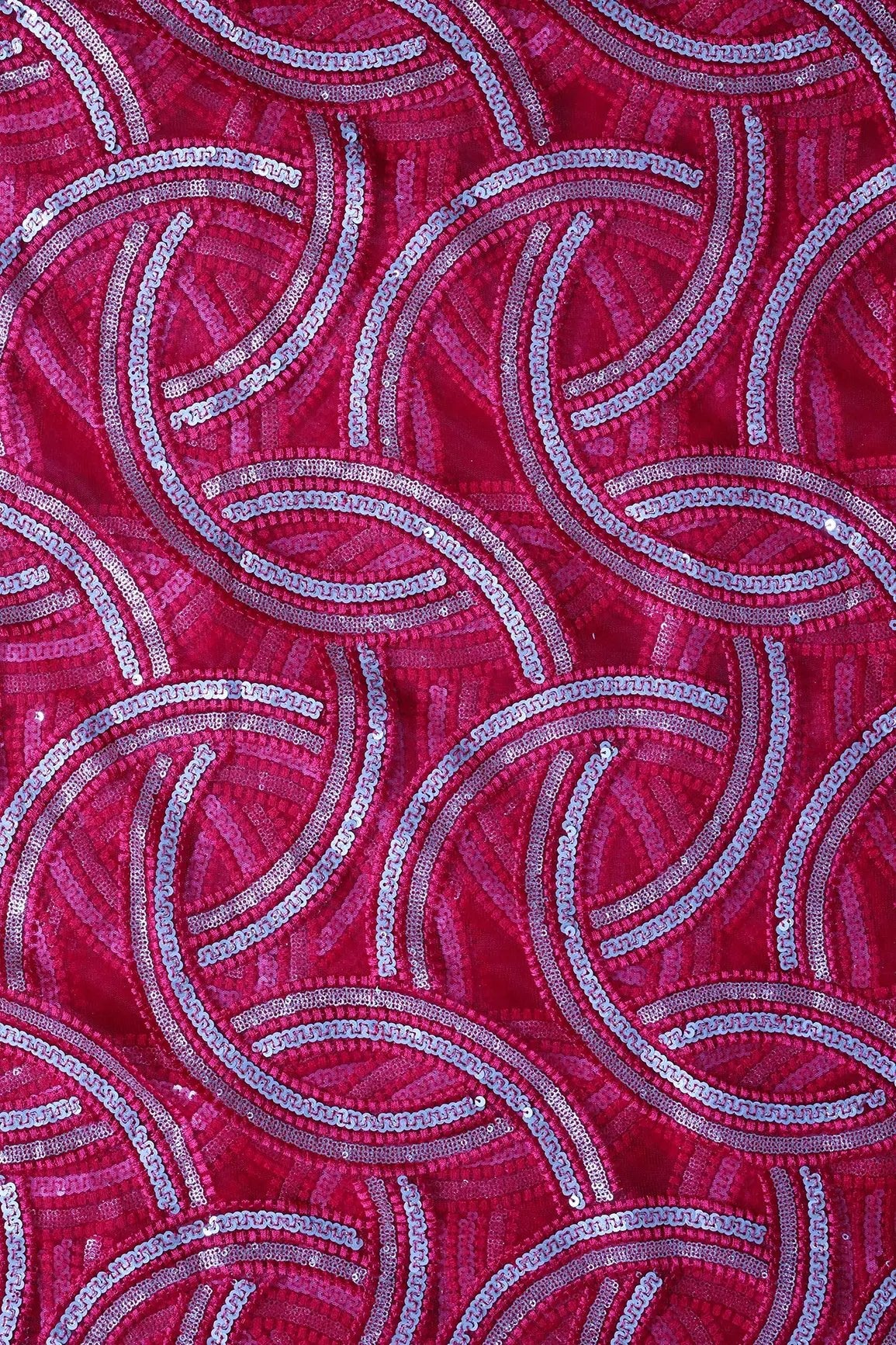 Red Thread With Gold And Silver Sequins Geometric Embroidery On Red Soft Net Fabric - doeraa