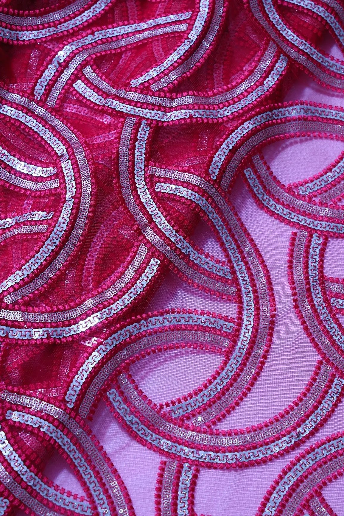 Red Thread With Gold And Silver Sequins Geometric Embroidery On Red Soft Net Fabric - doeraa