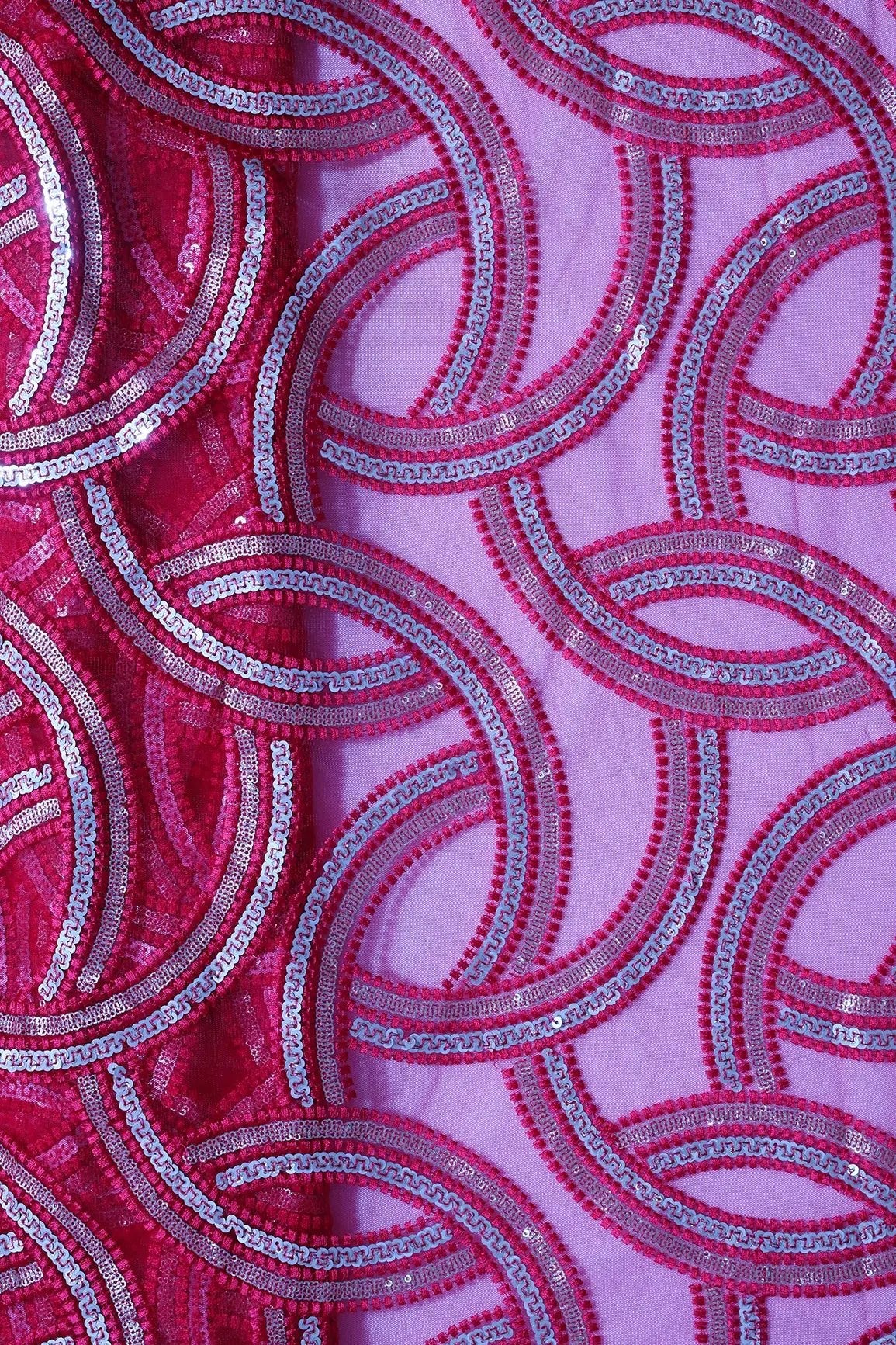 Red Thread With Gold And Silver Sequins Geometric Embroidery On Red Soft Net Fabric - doeraa