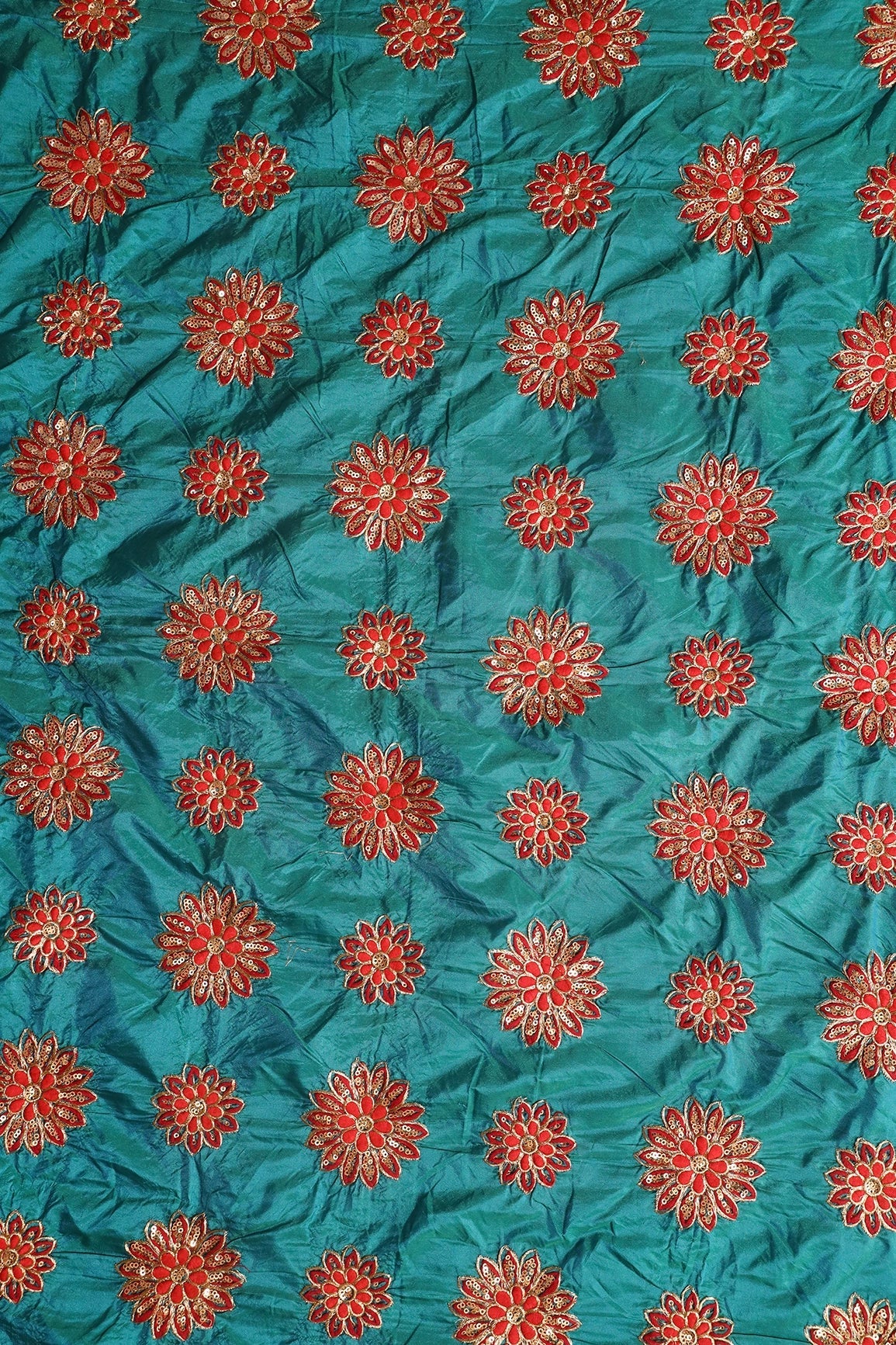 Red Thread With Gold Sequins Floral Butta Embroidery On Rama Paper Silk Fabric - doeraa