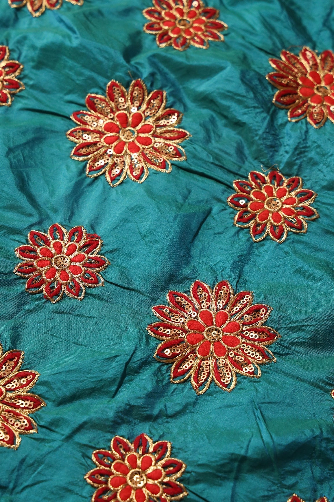 Red Thread With Gold Sequins Floral Butta Embroidery On Rama Paper Silk Fabric - doeraa