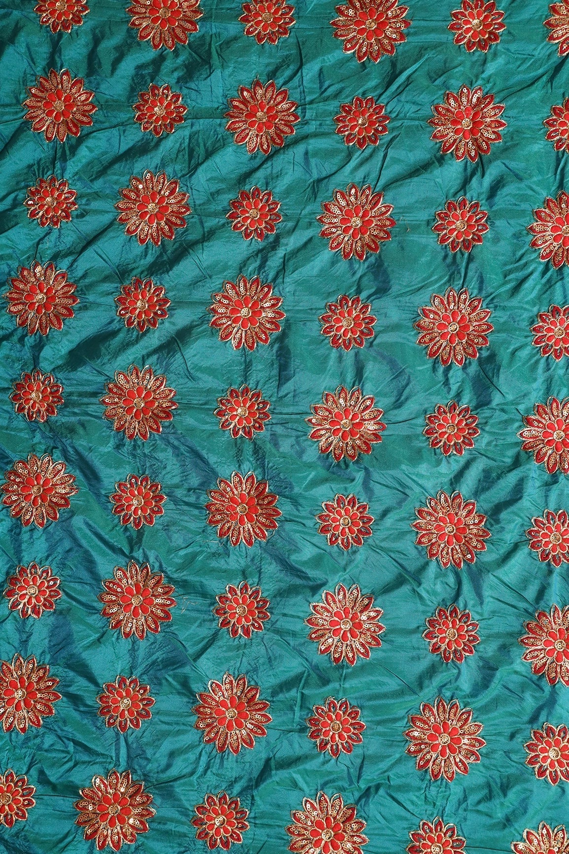 Red Thread With Gold Sequins Floral Butta Embroidery On Rama Paper Silk Fabric - doeraa