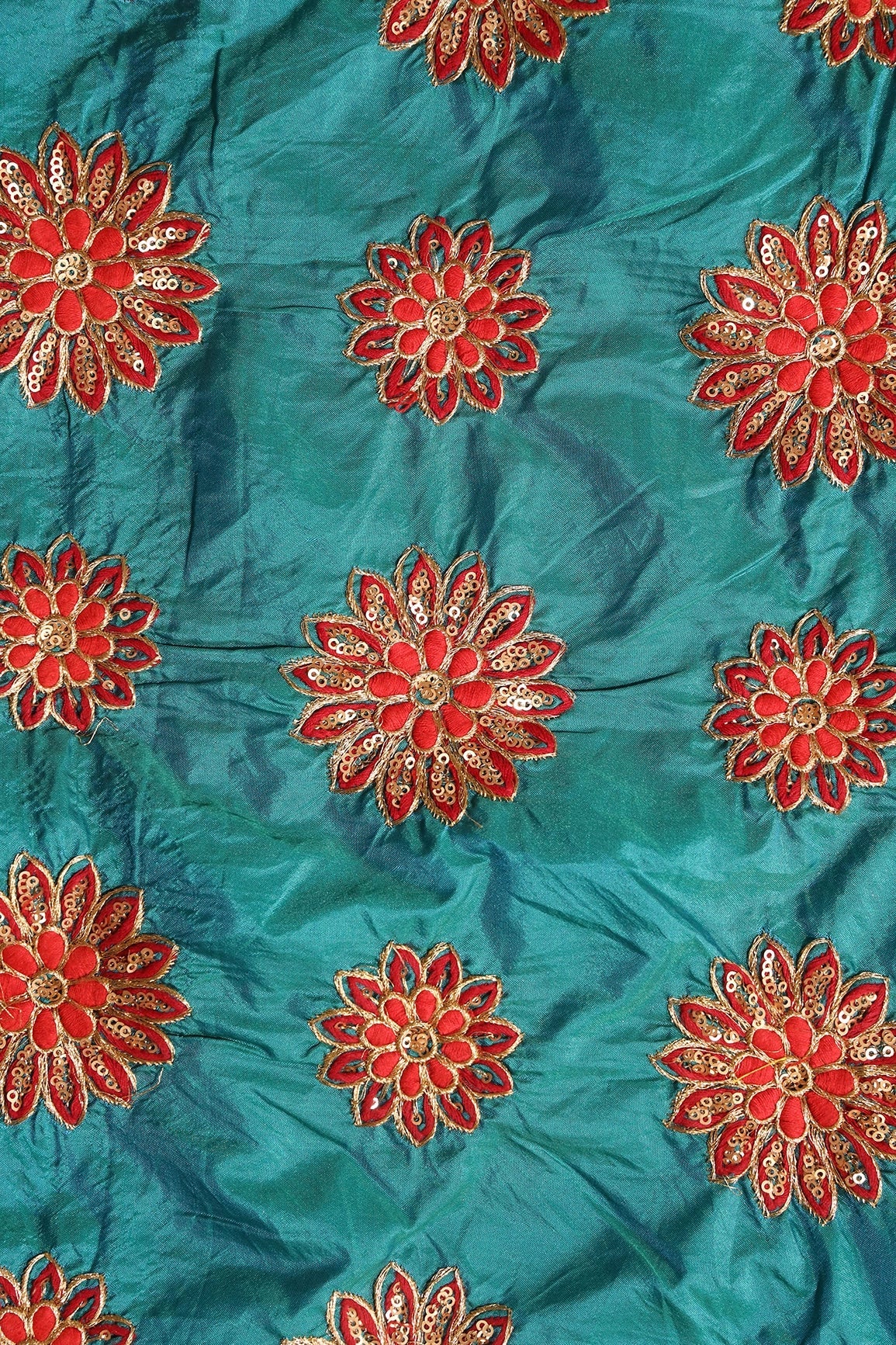 Red Thread With Gold Sequins Floral Butta Embroidery On Rama Paper Silk Fabric - doeraa