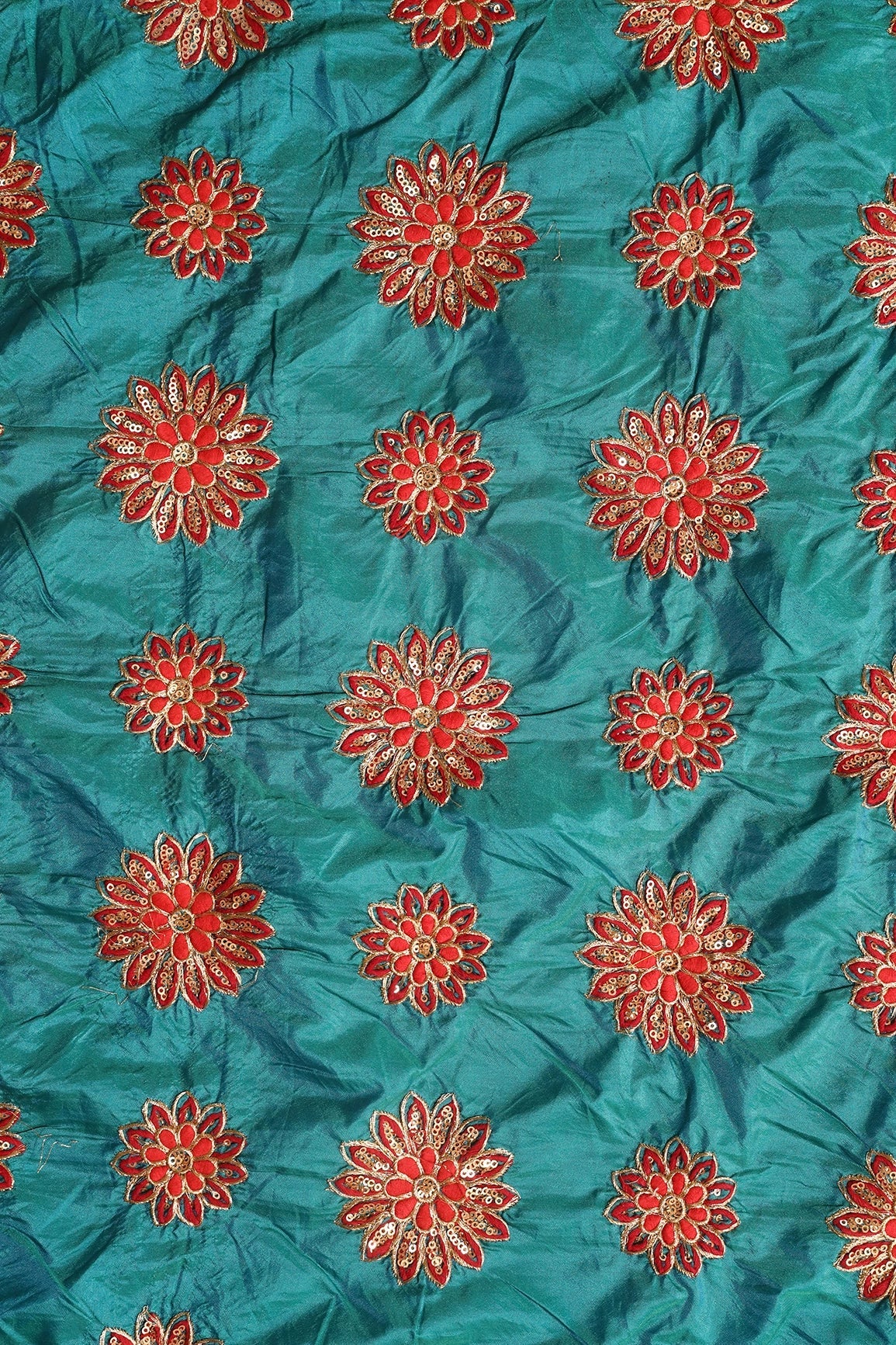 Red Thread With Gold Sequins Floral Butta Embroidery On Rama Paper Silk Fabric - doeraa