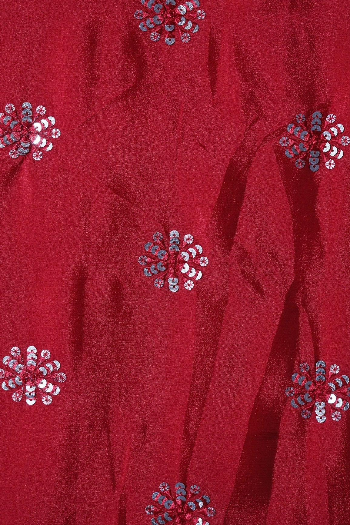 Red Thread With Gold Sequins Floral Butta Embroidery Work On Chinnon Chiffon Fabric - doeraa