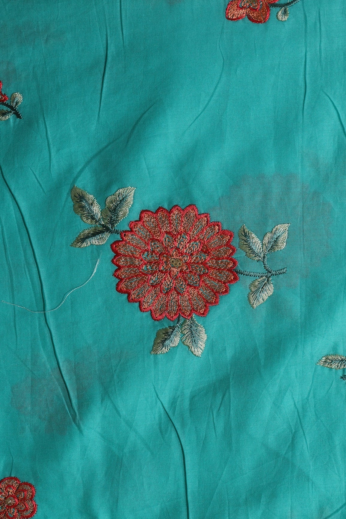 Red Thread With Gold Sequins Floral Embroidery On Turquoise Muslin Silk Fabric - doeraa