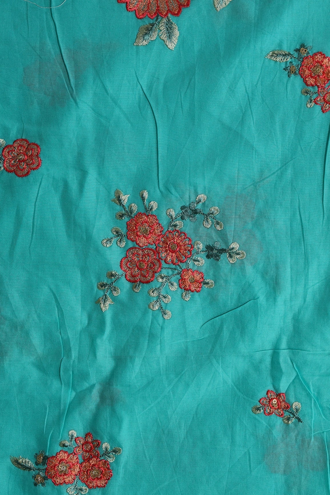 Red Thread With Gold Sequins Floral Embroidery On Turquoise Muslin Silk Fabric - doeraa
