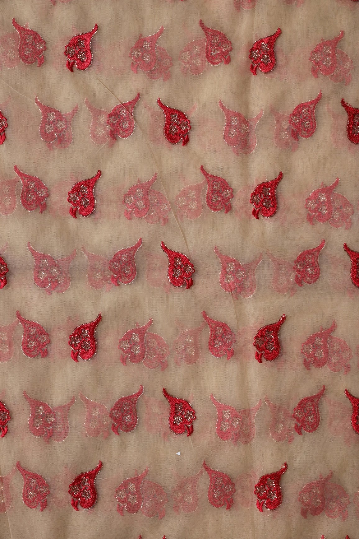 Red Thread With Gold Sequins Leafy Embroidery Work On Beige Soft Net Fabric - doeraa