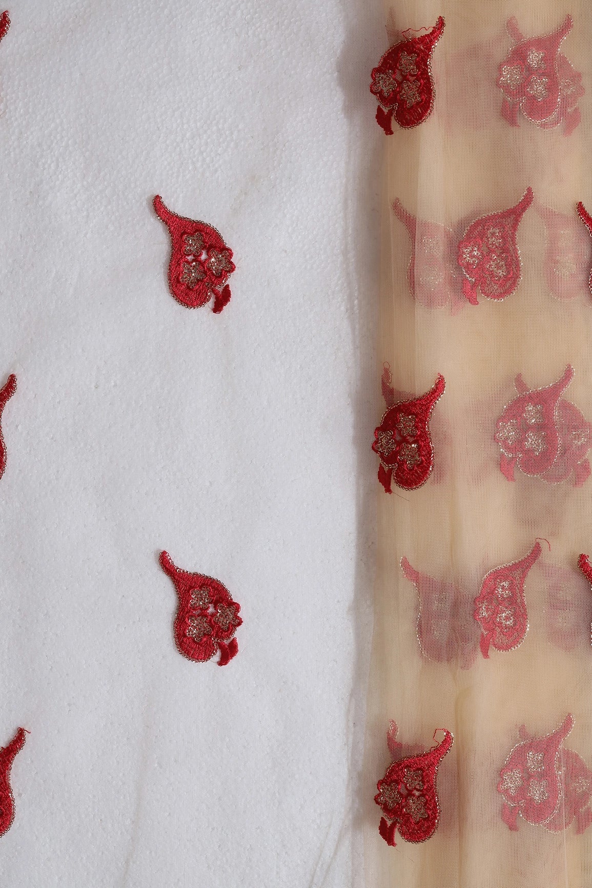 Red Thread With Gold Sequins Leafy Embroidery Work On Beige Soft Net Fabric - doeraa