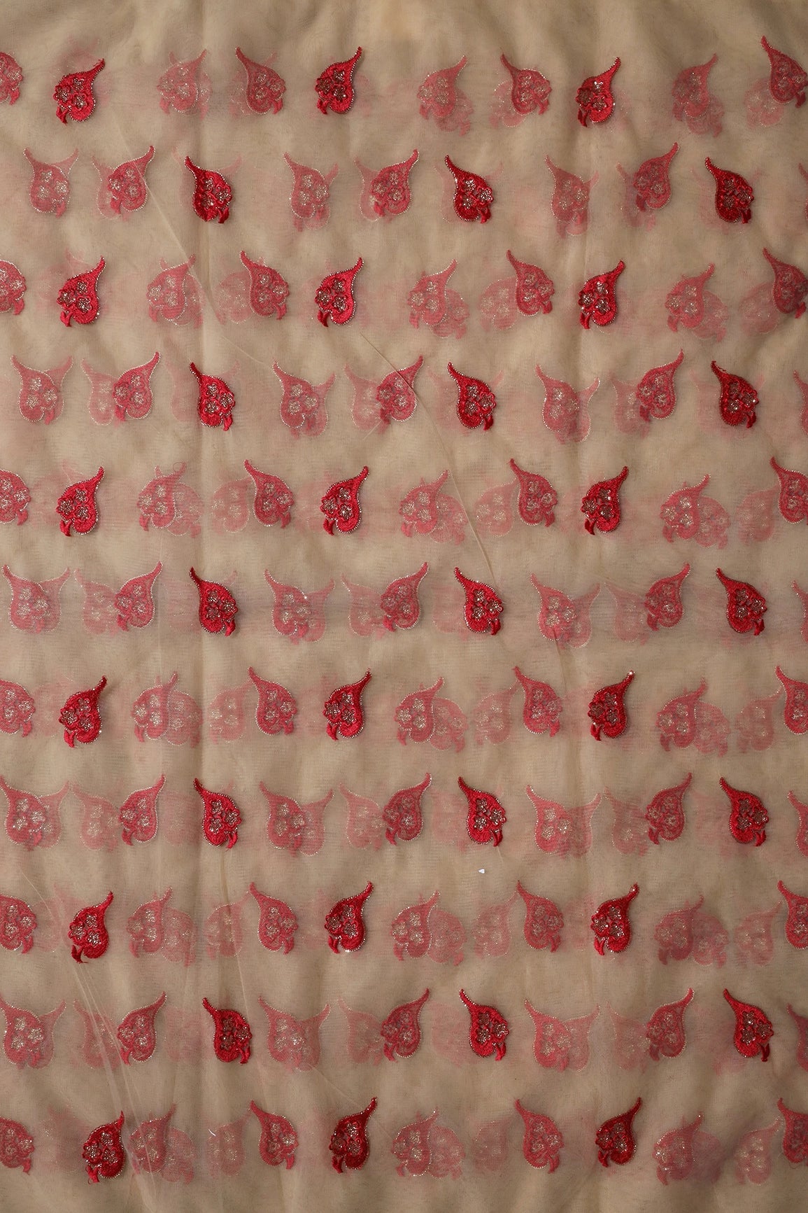 Red Thread With Gold Sequins Leafy Embroidery Work On Beige Soft Net Fabric - doeraa