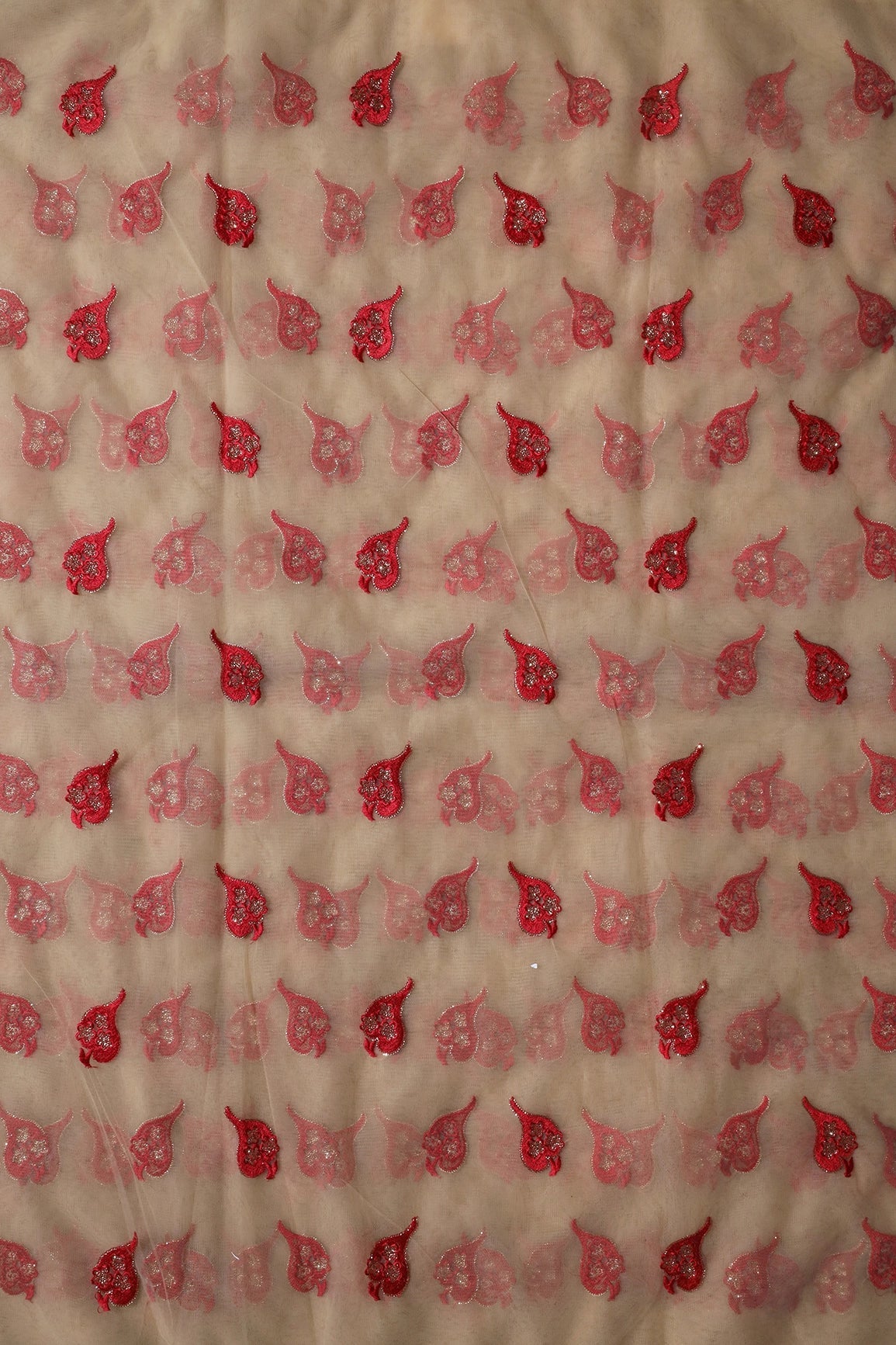 Red Thread With Gold Sequins Leafy Embroidery Work On Beige Soft Net Fabric - doeraa
