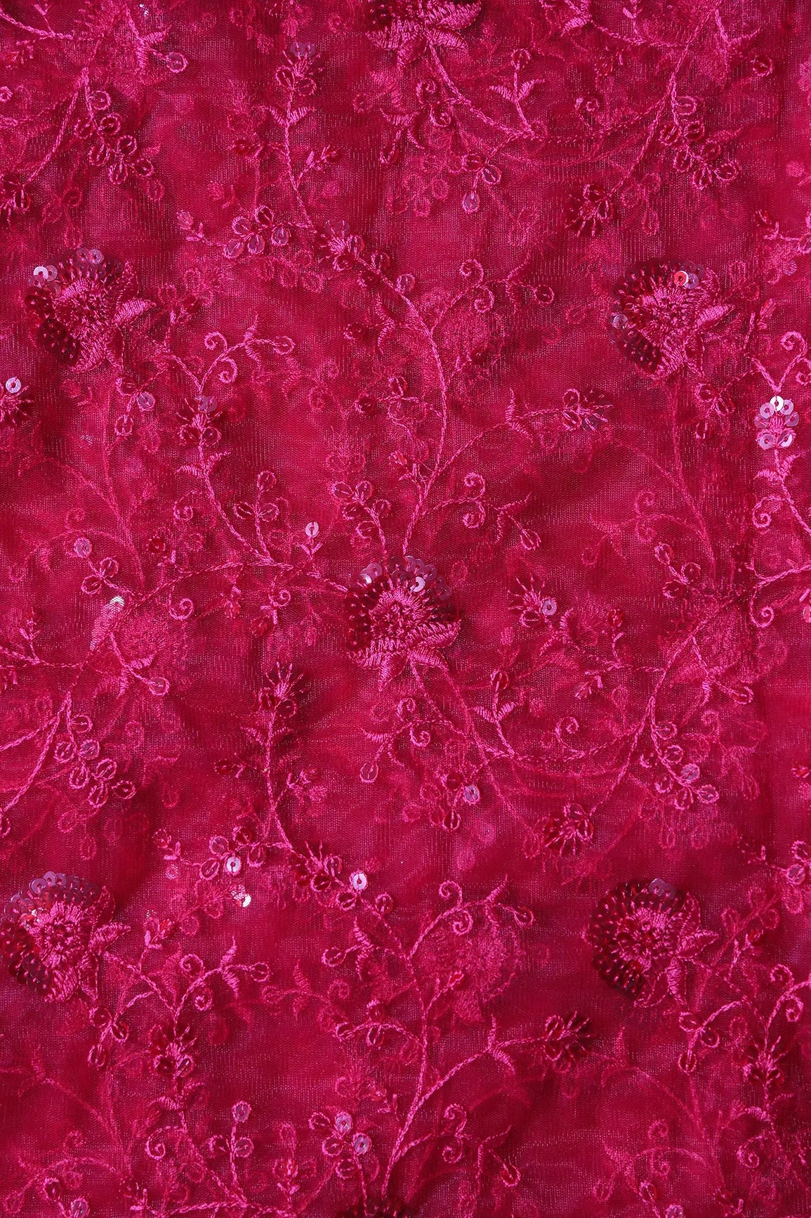 Red Thread With Red Sequins Floral Embroidery On Red Soft Net Fabric - doeraa
