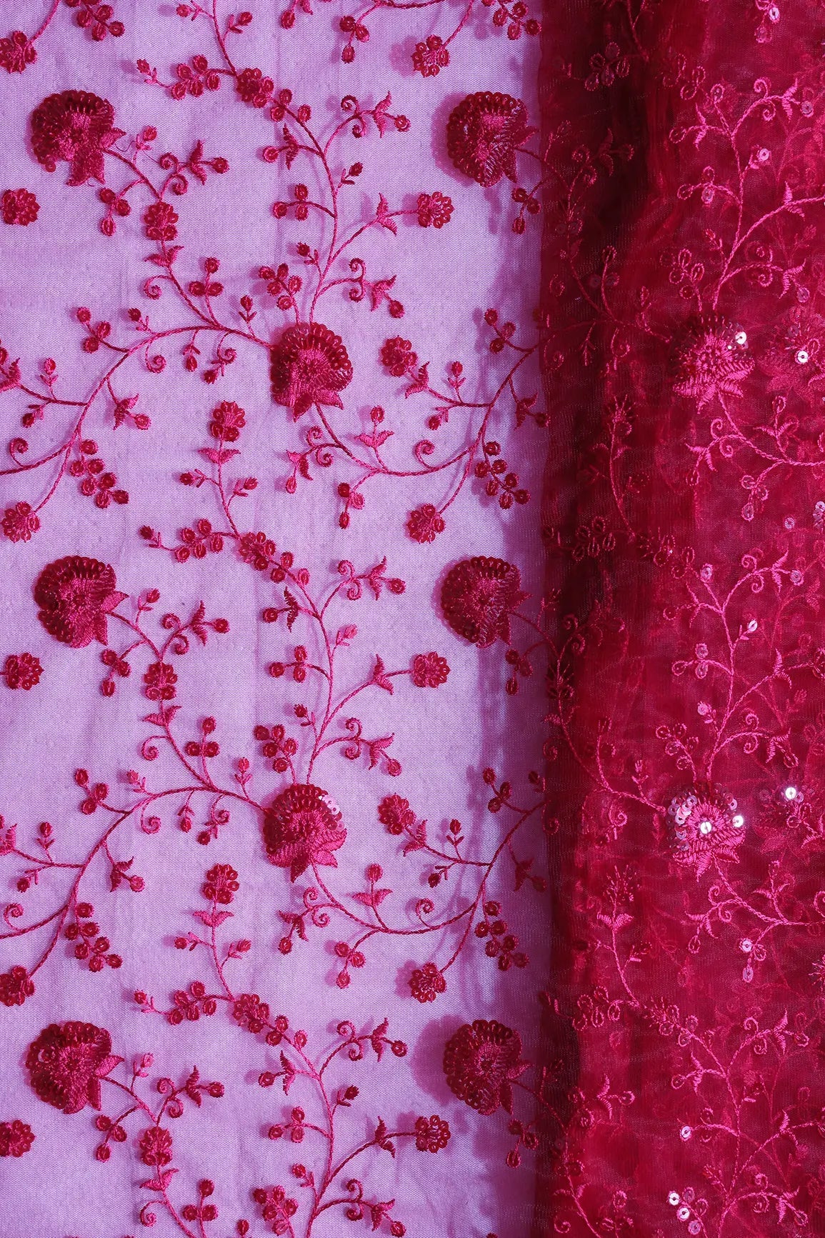 Red Thread With Red Sequins Floral Embroidery On Red Soft Net Fabric - doeraa