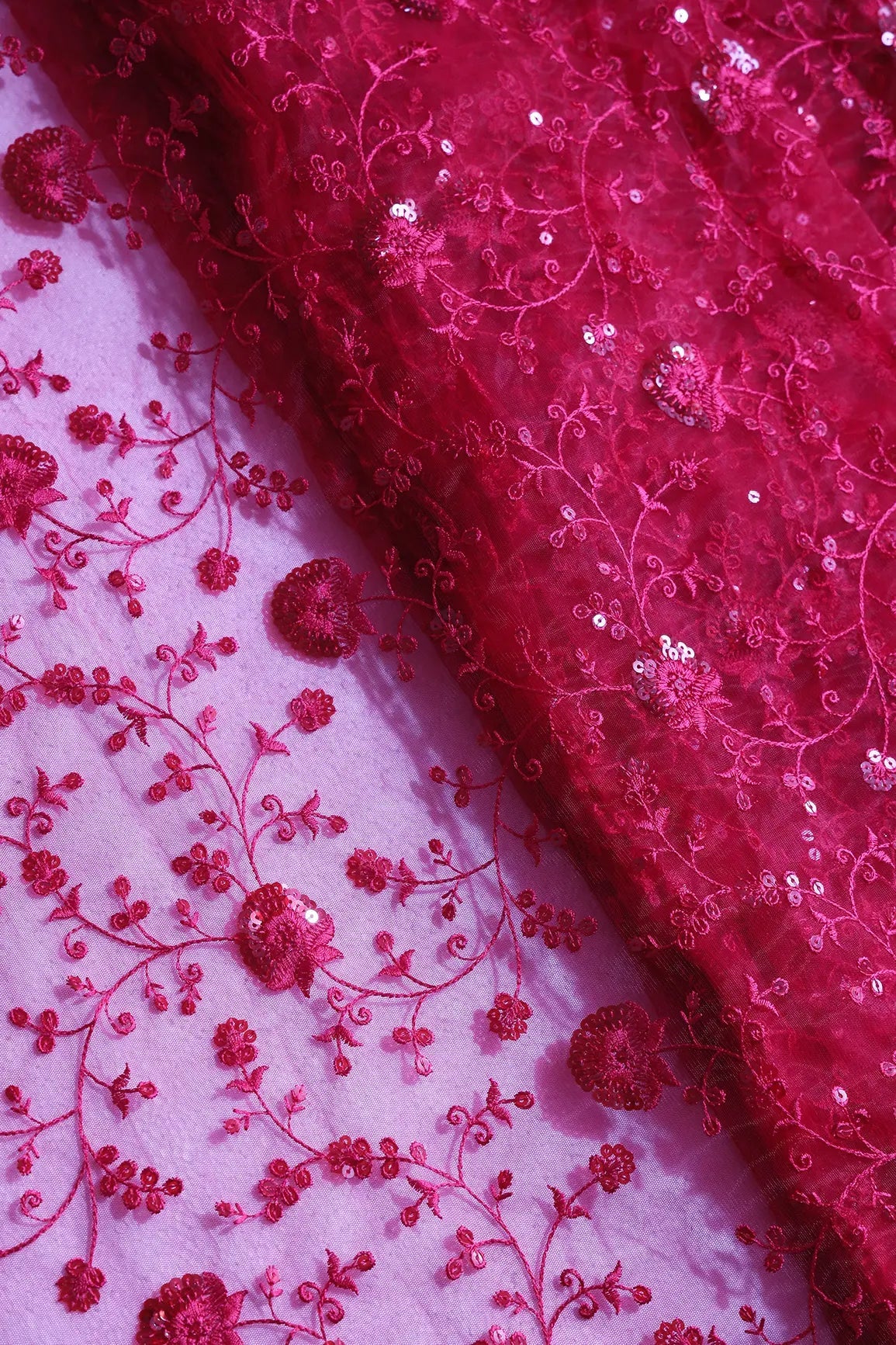 Red Thread With Red Sequins Floral Embroidery On Red Soft Net Fabric - doeraa