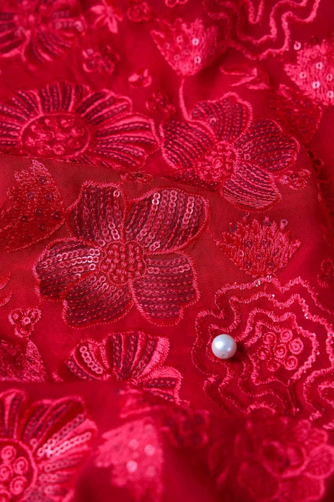 Red Thread With Red Sequins Floral Embroidery Work On Red Viscose Georgette Fabric - doeraa