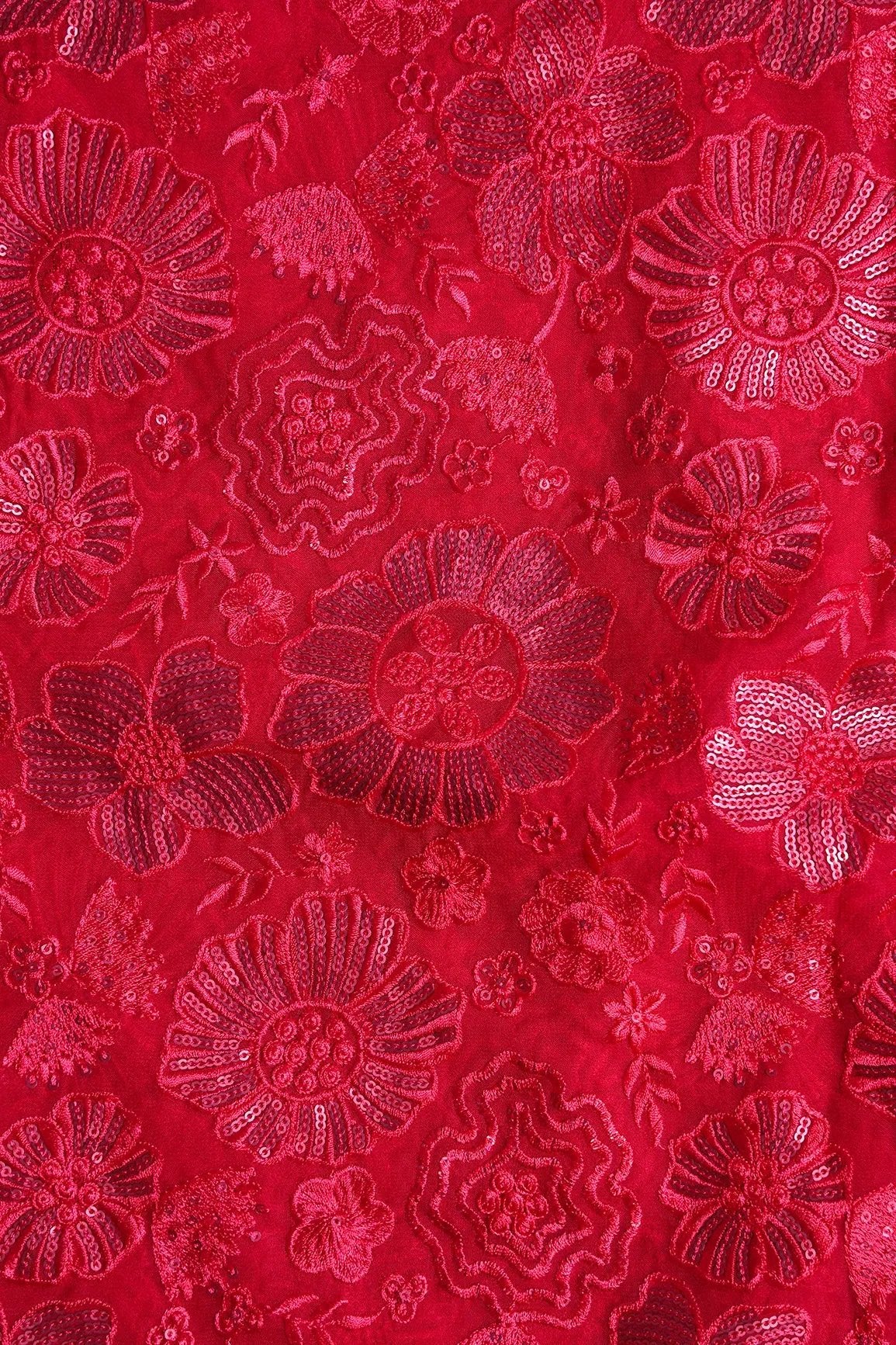 Red Thread With Red Sequins Floral Embroidery Work On Red Viscose Georgette Fabric - doeraa
