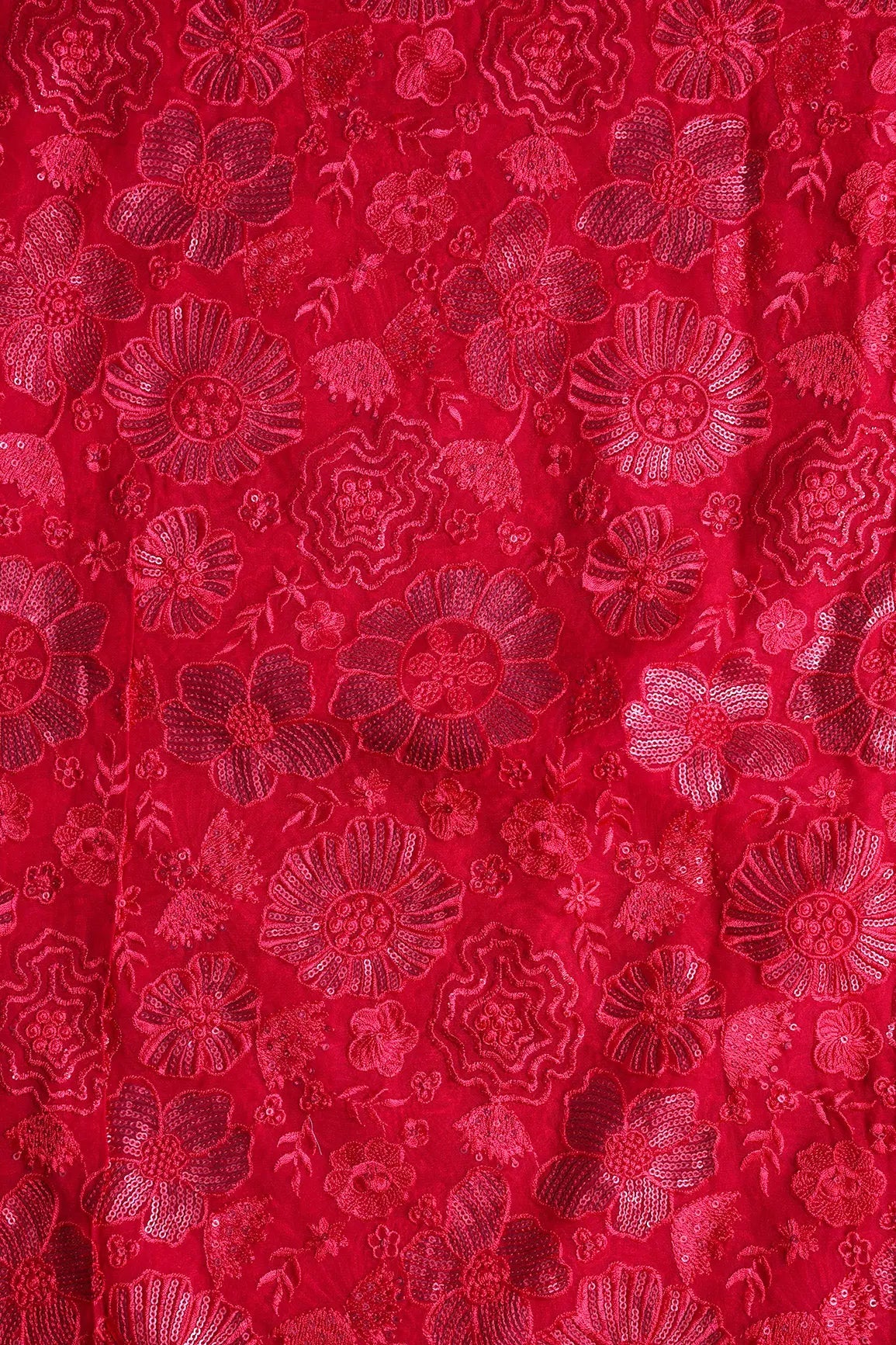 Red Thread With Red Sequins Floral Embroidery Work On Red Viscose Georgette Fabric - doeraa