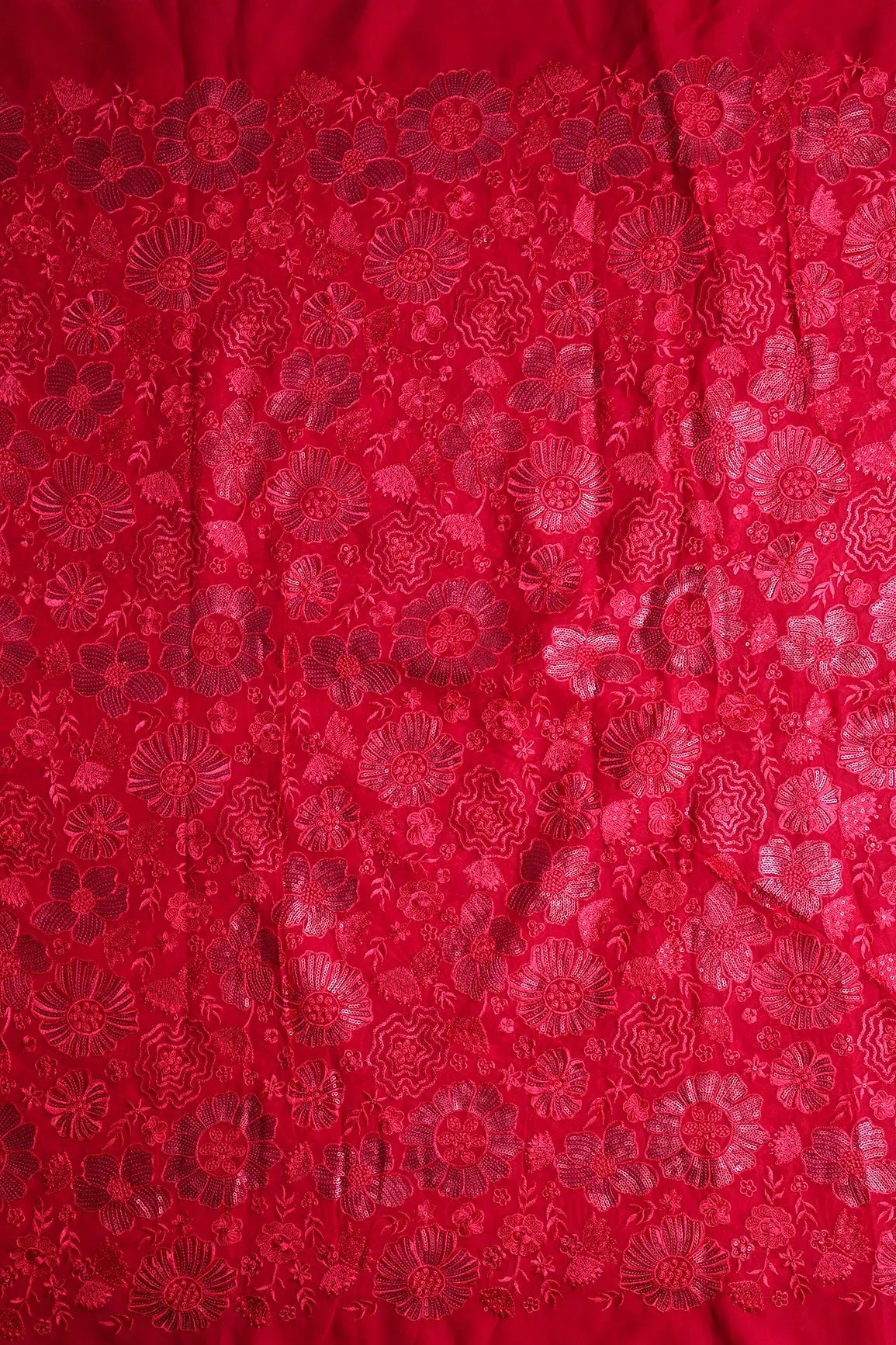 Red Thread With Red Sequins Floral Embroidery Work On Red Viscose Georgette Fabric - doeraa