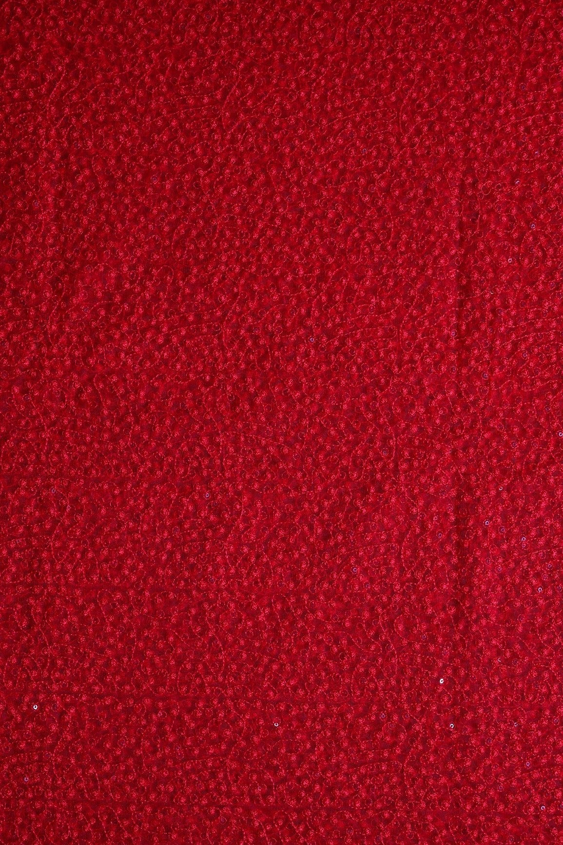 Red Thread With Red Small Sequins Abstract Embroidery Work On Red Soft Net Fabric - doeraa