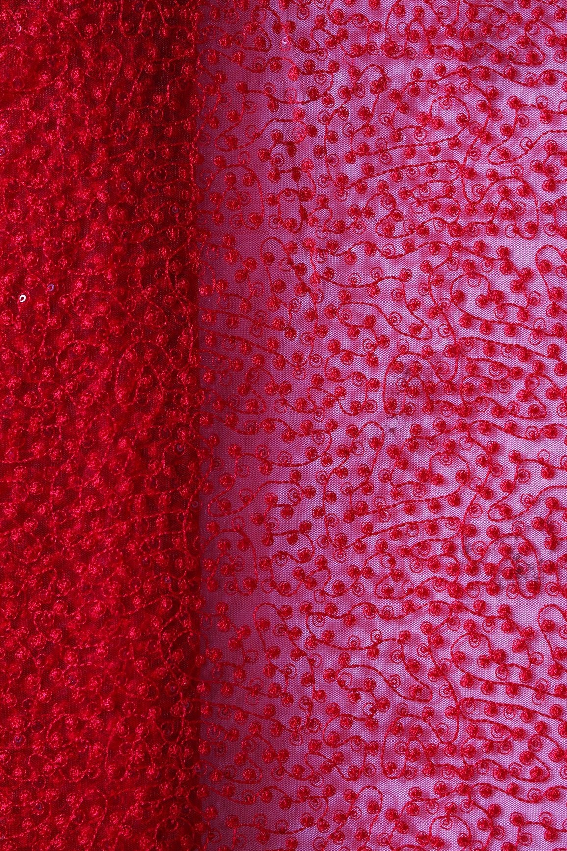 Red Thread With Red Small Sequins Abstract Embroidery Work On Red Soft Net Fabric - doeraa