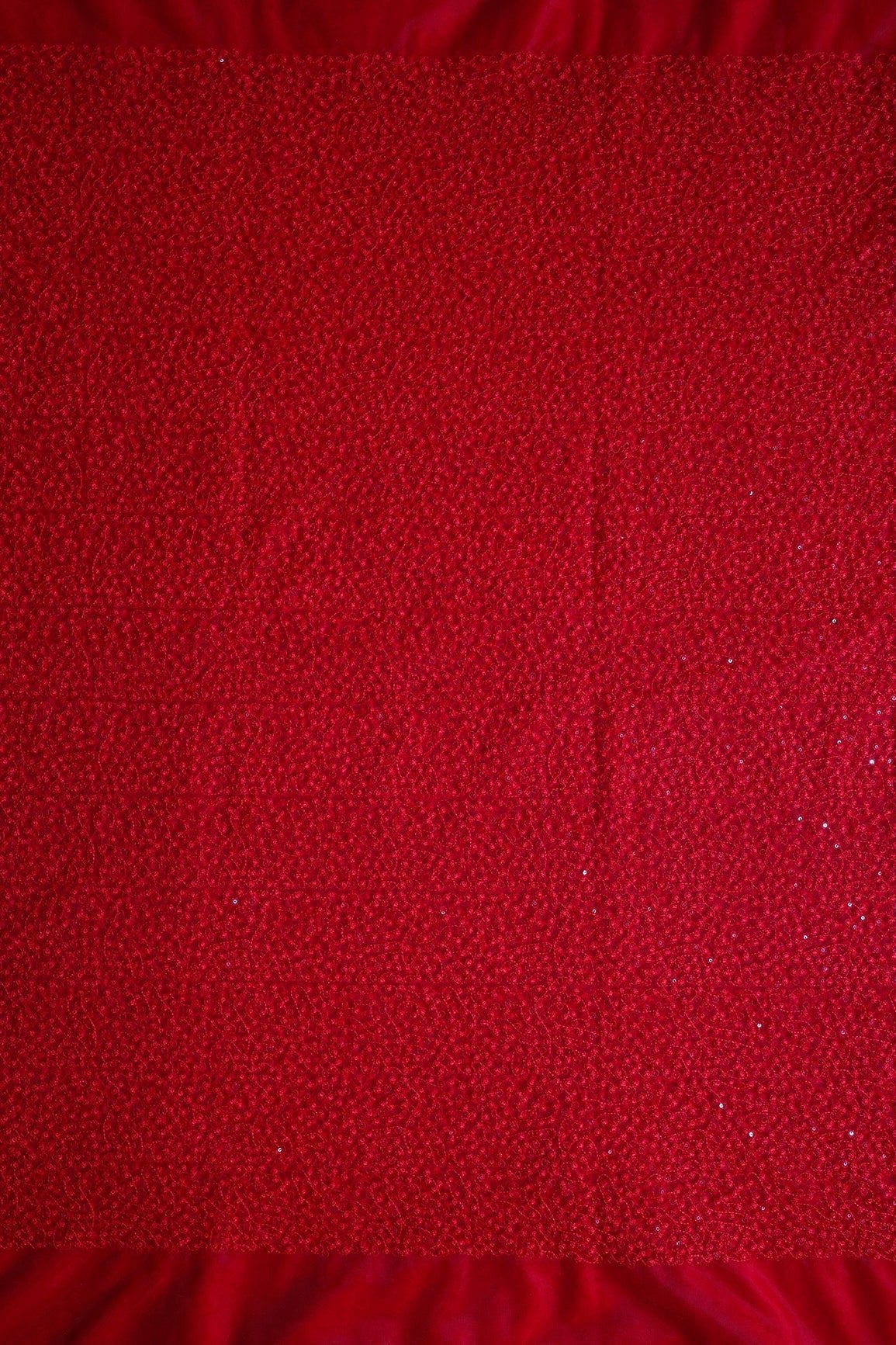 Red Thread With Red Small Sequins Abstract Embroidery Work On Red Soft Net Fabric - doeraa
