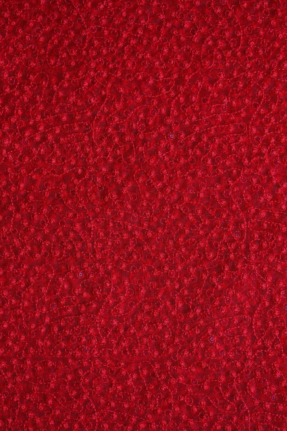 Red Thread With Red Small Sequins Abstract Embroidery Work On Red Soft Net Fabric - doeraa