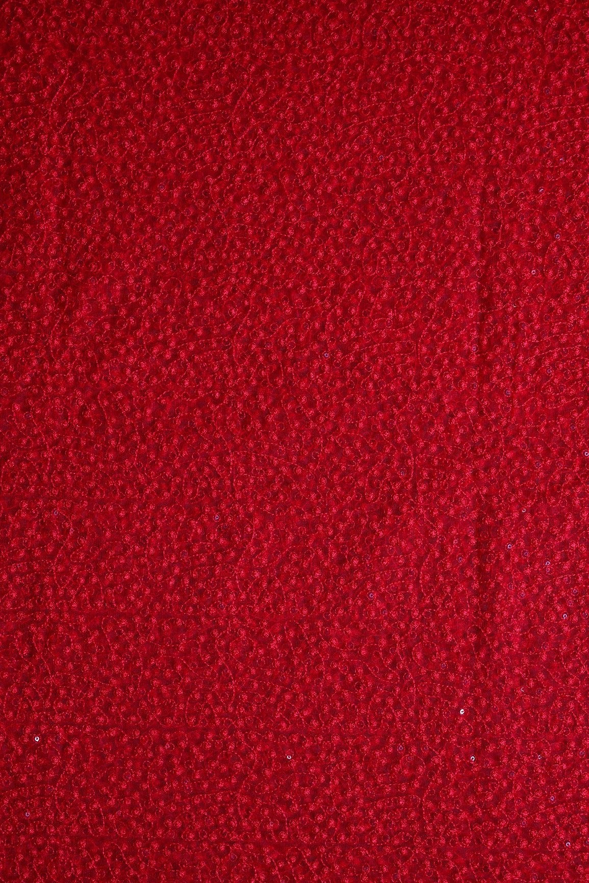 Red Thread With Red Small Sequins Abstract Embroidery Work On Red Soft Net Fabric - doeraa