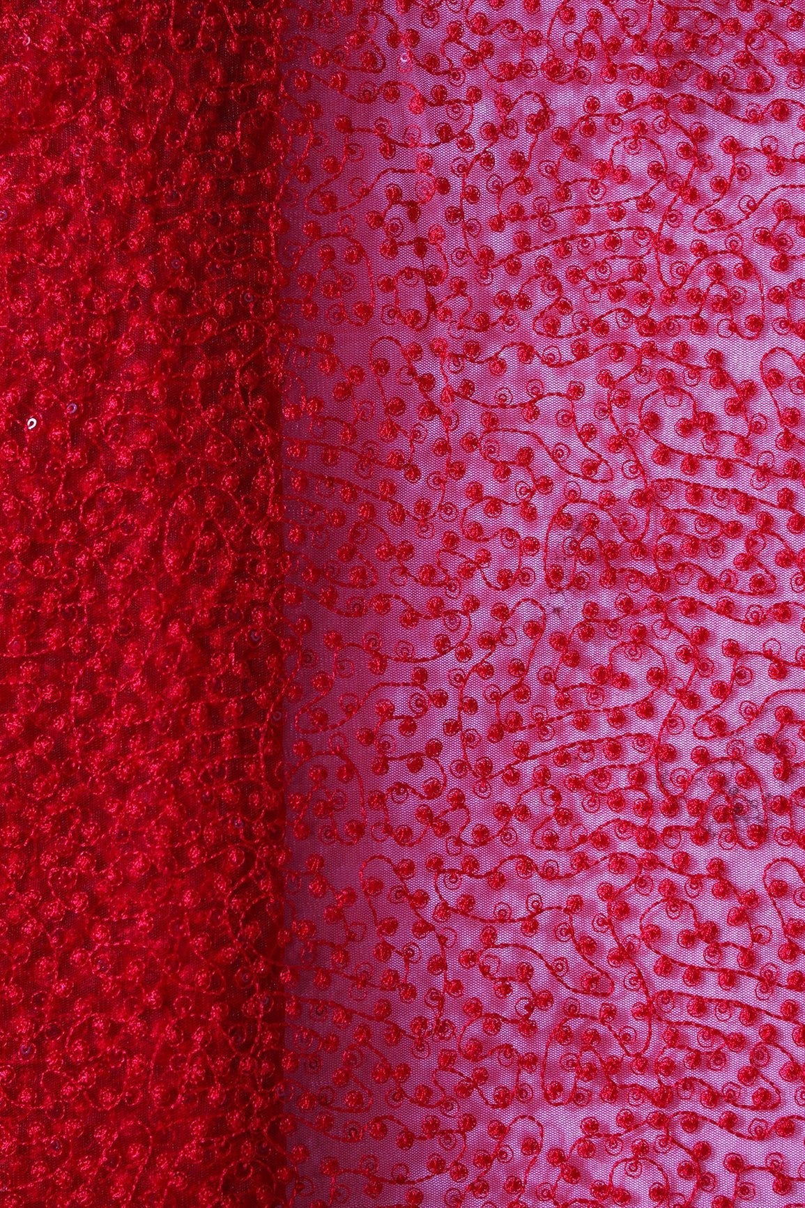 Red Thread With Red Small Sequins Abstract Embroidery Work On Red Soft Net Fabric - doeraa
