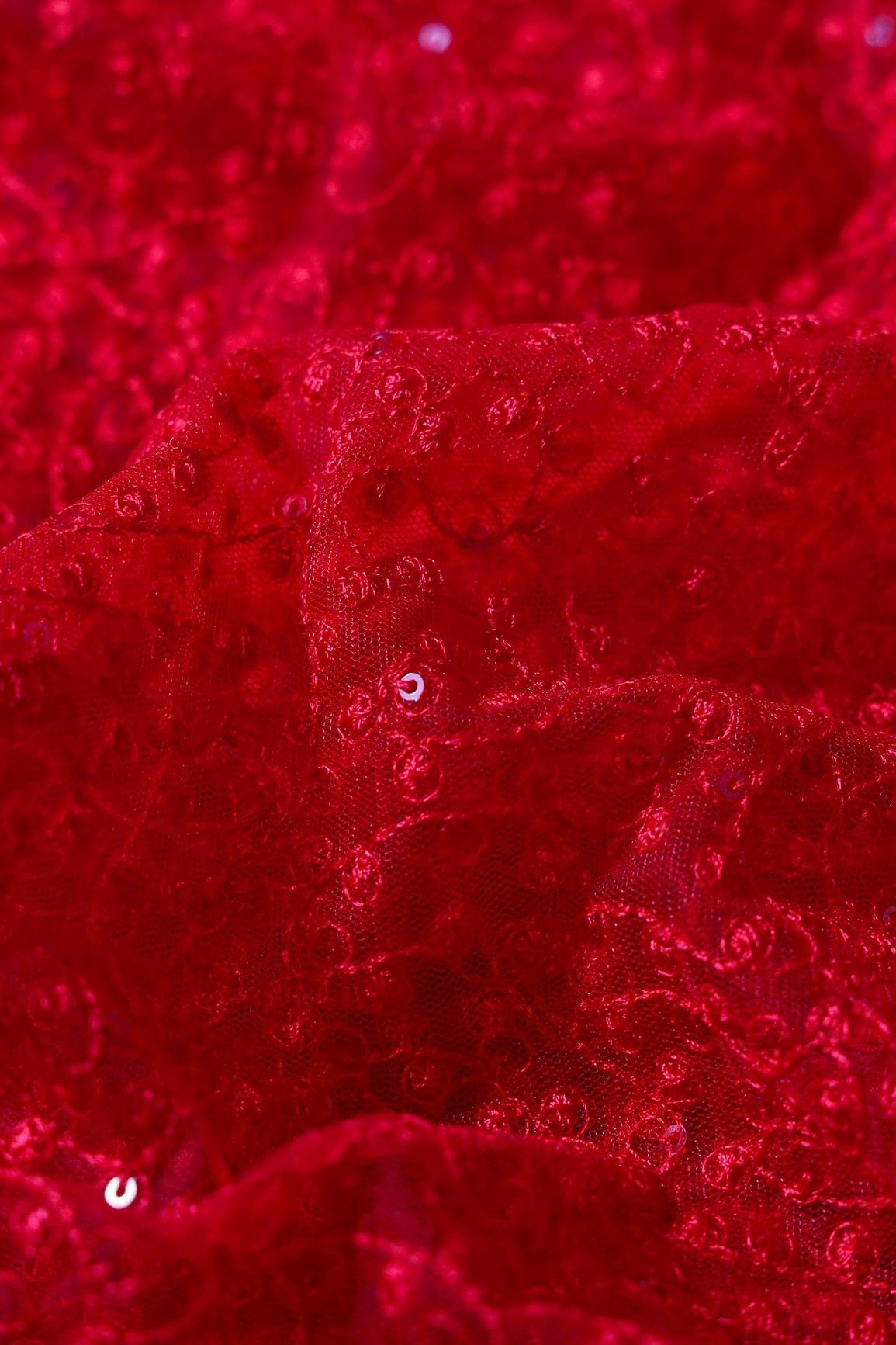 Red Thread With Red Small Sequins Abstract Embroidery Work On Red Soft Net Fabric - doeraa