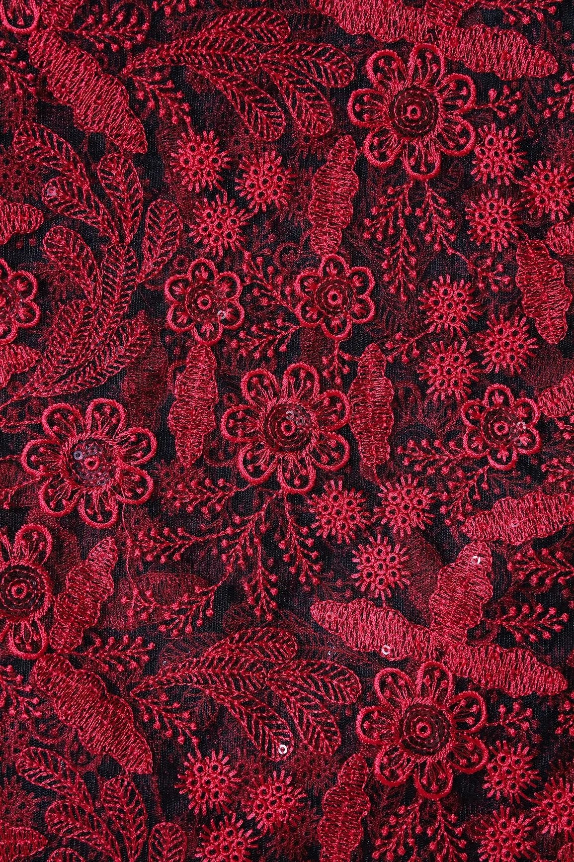 Red Thread With Sequins Floral Embroidery On Black Soft Net Fabric - doeraa