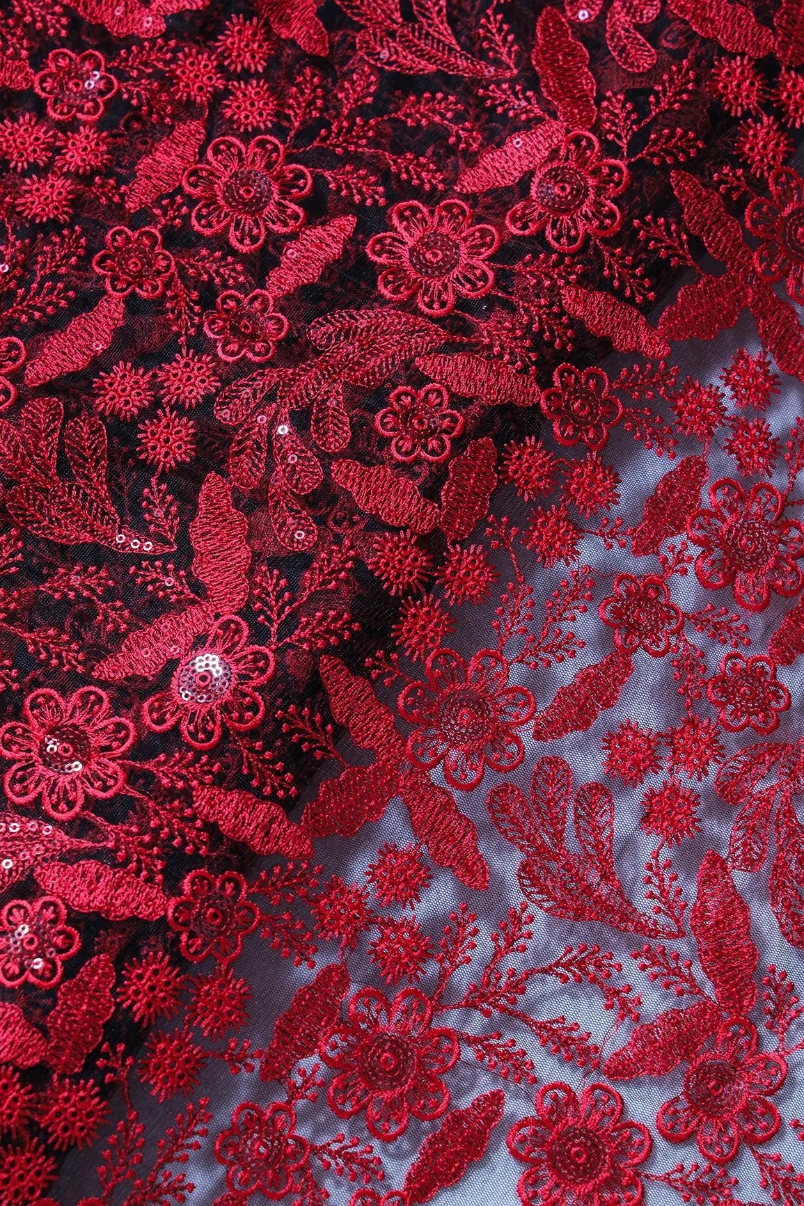 Red Thread With Sequins Floral Embroidery On Black Soft Net Fabric - doeraa