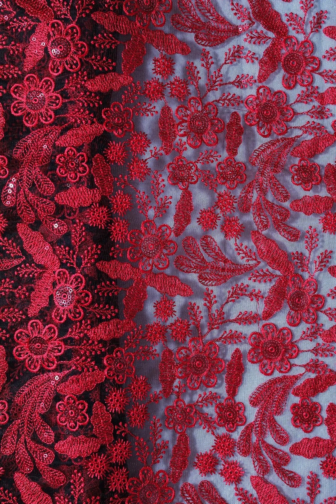 Red Thread With Sequins Floral Embroidery On Black Soft Net Fabric - doeraa